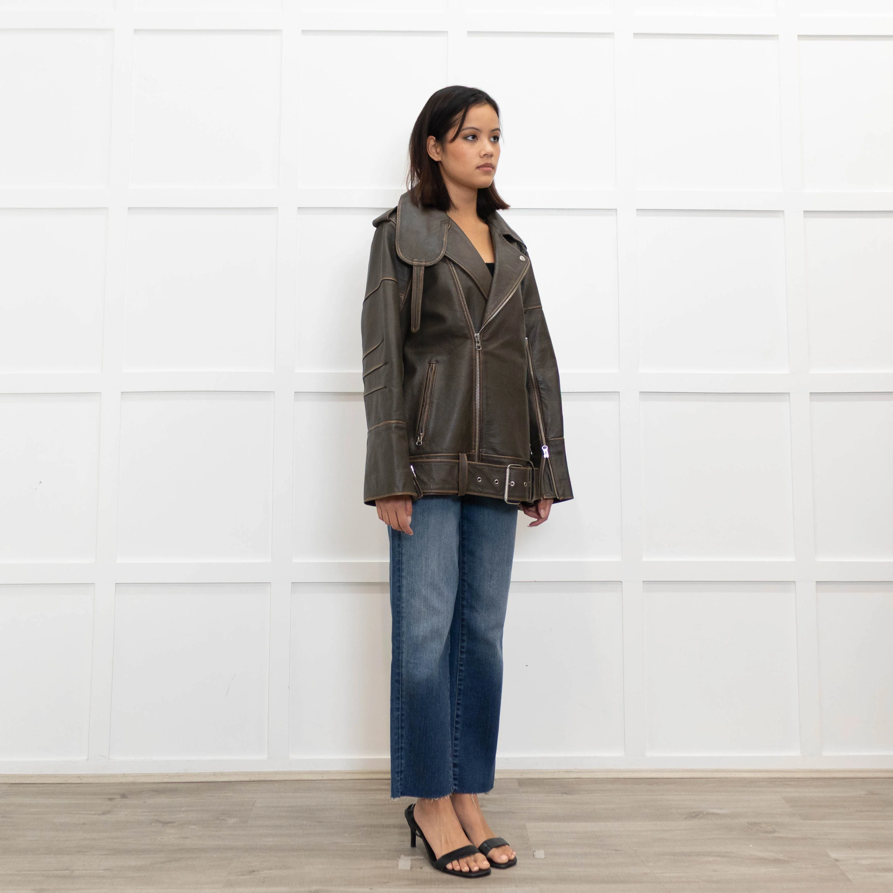 By Malene Birger Brown Leather Oversized Aviator Jacket - Image 3