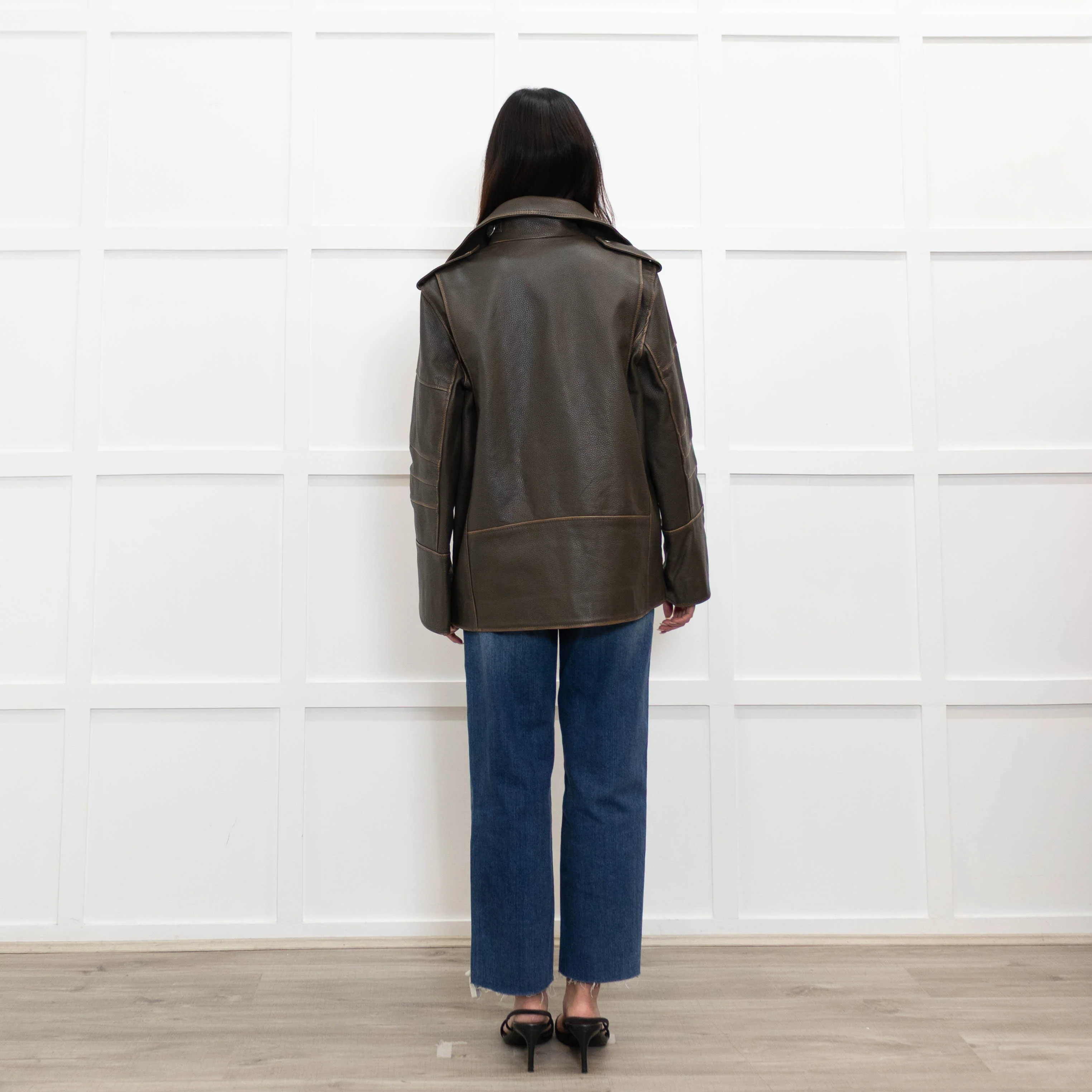 By Malene Birger Brown Leather Oversized Aviator Jacket - Image 5