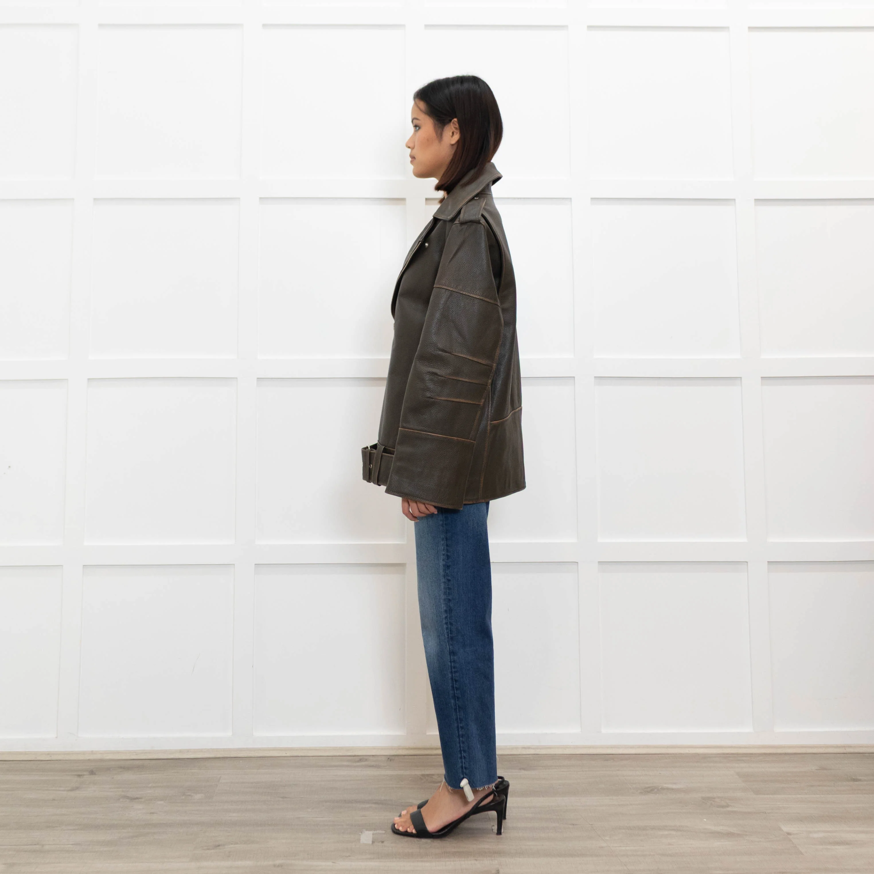 By Malene Birger Brown Leather Oversized Aviator Jacket - Image 6