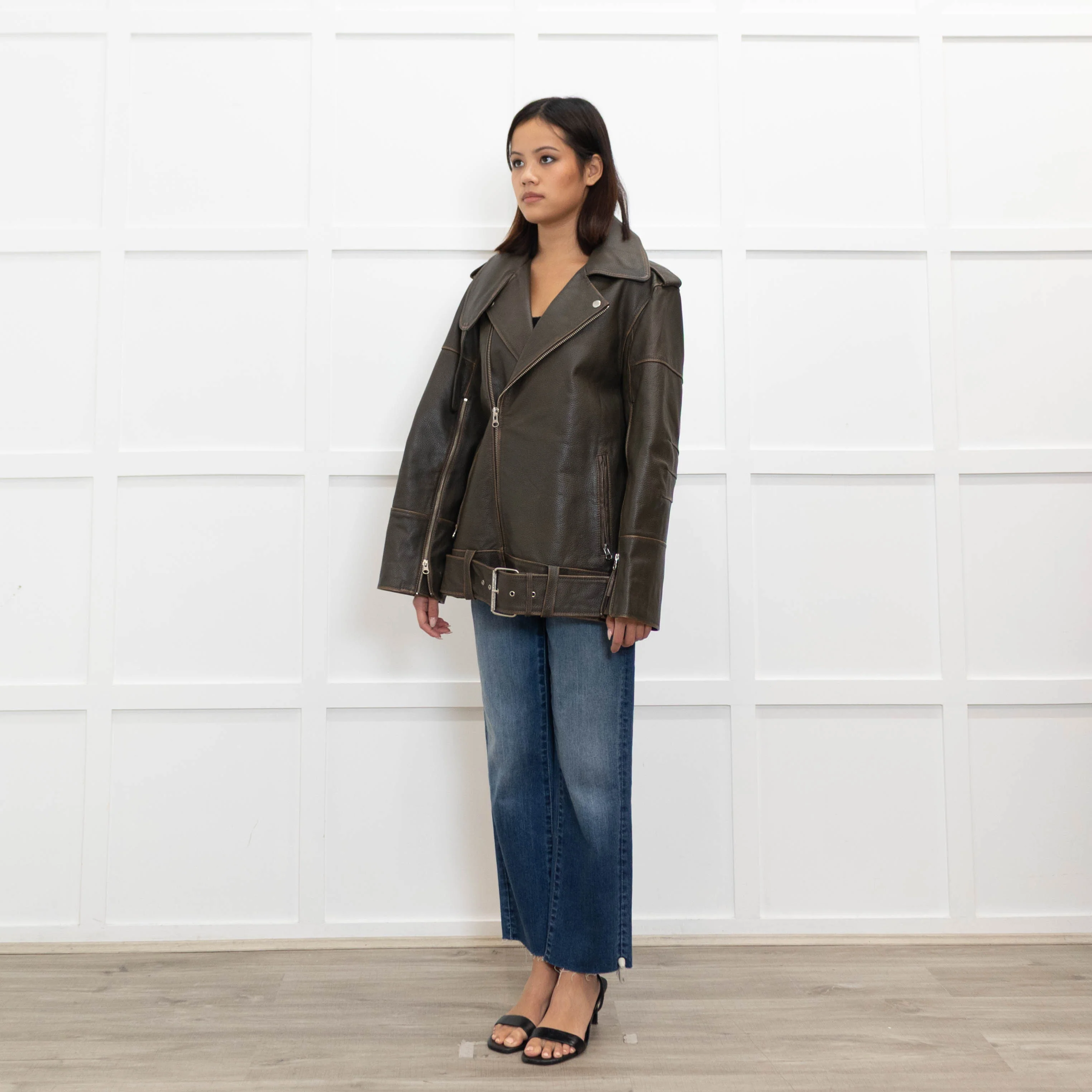 By Malene Birger Brown Leather Oversized Aviator Jacket - Image 7
