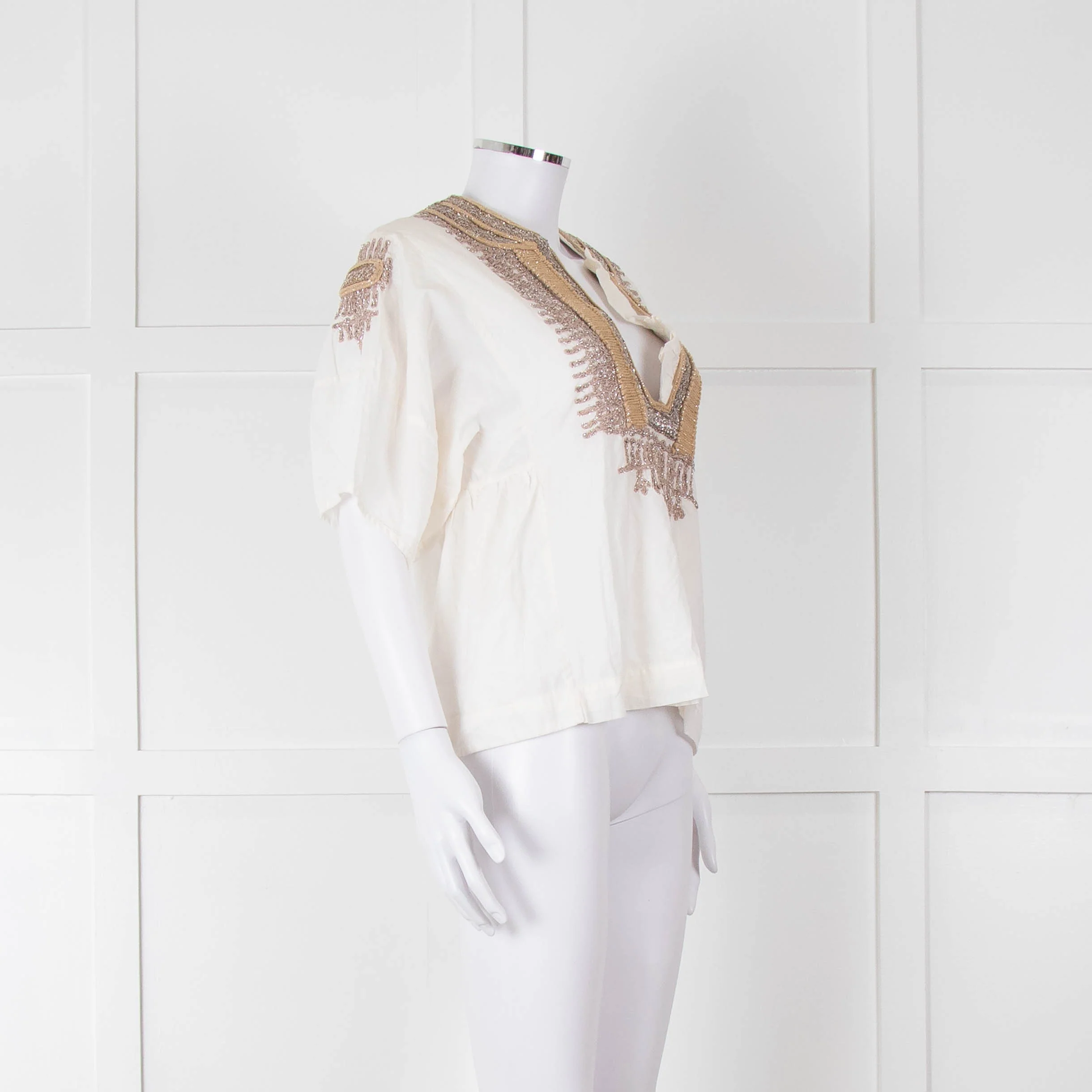 By Malene Birger Cream Beige Gold Embroidered Short Sleeve Top - Image 2