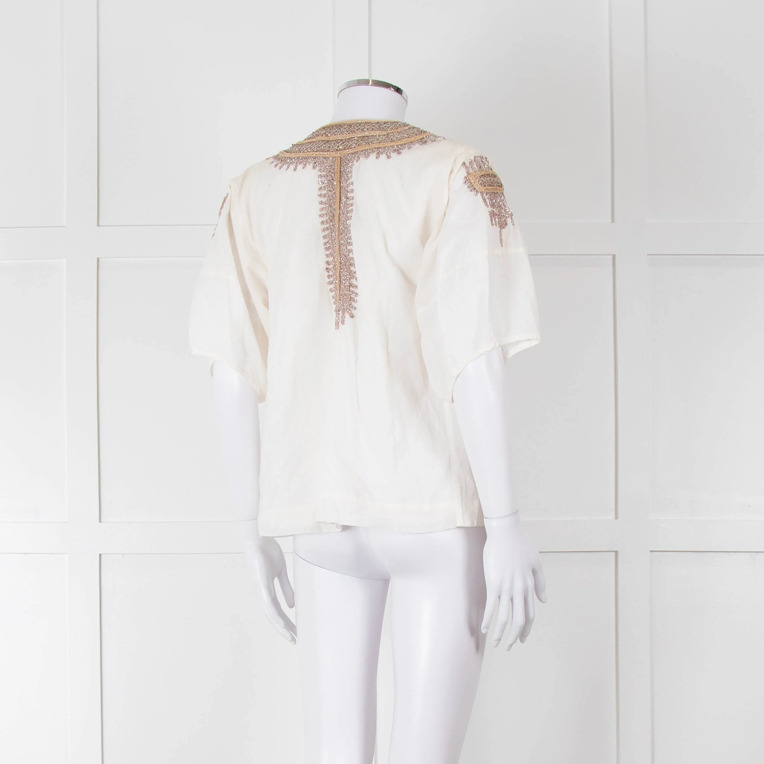 By Malene Birger Cream Beige Gold Embroidered Short Sleeve Top - Image 4