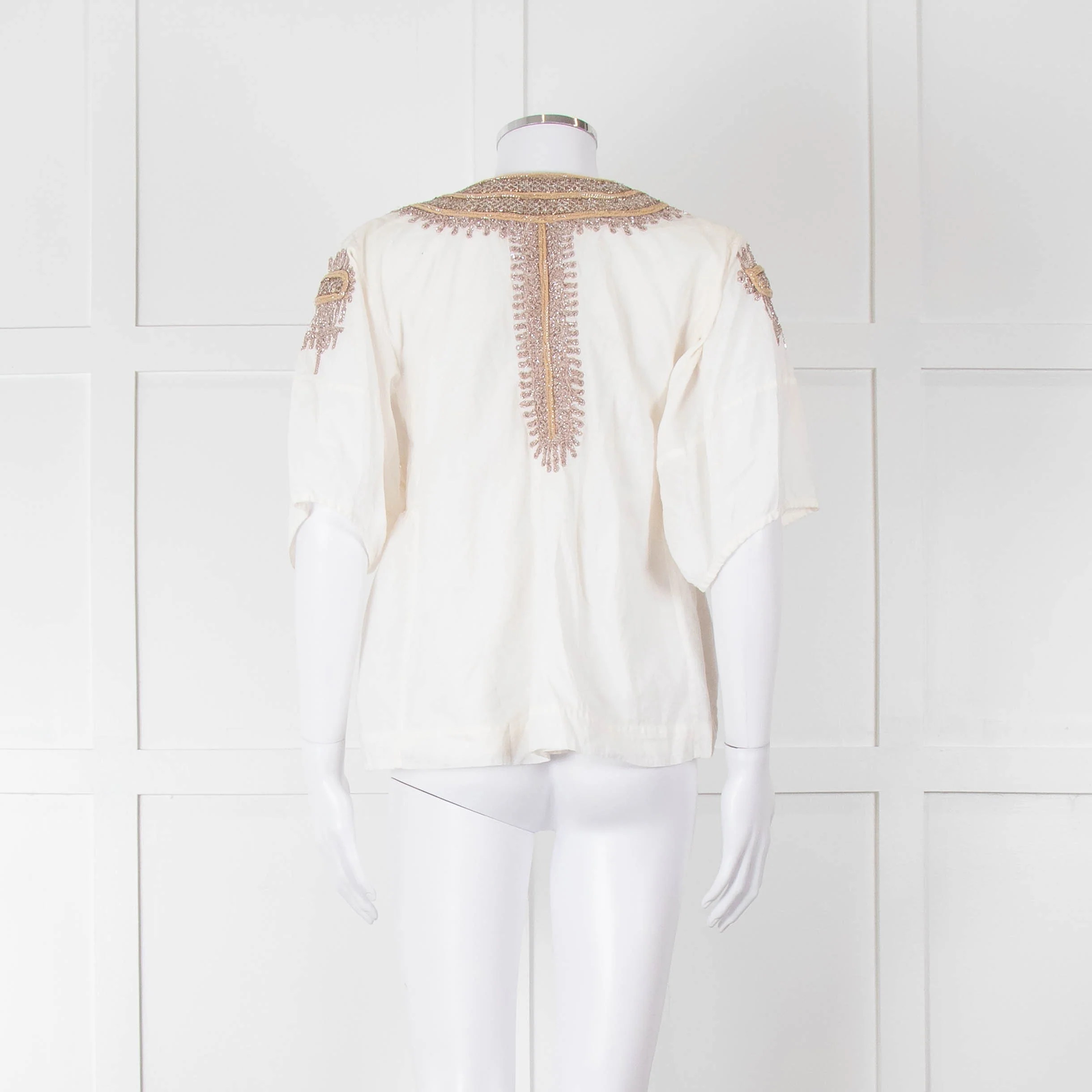 By Malene Birger Cream Beige Gold Embroidered Short Sleeve Top - Image 5