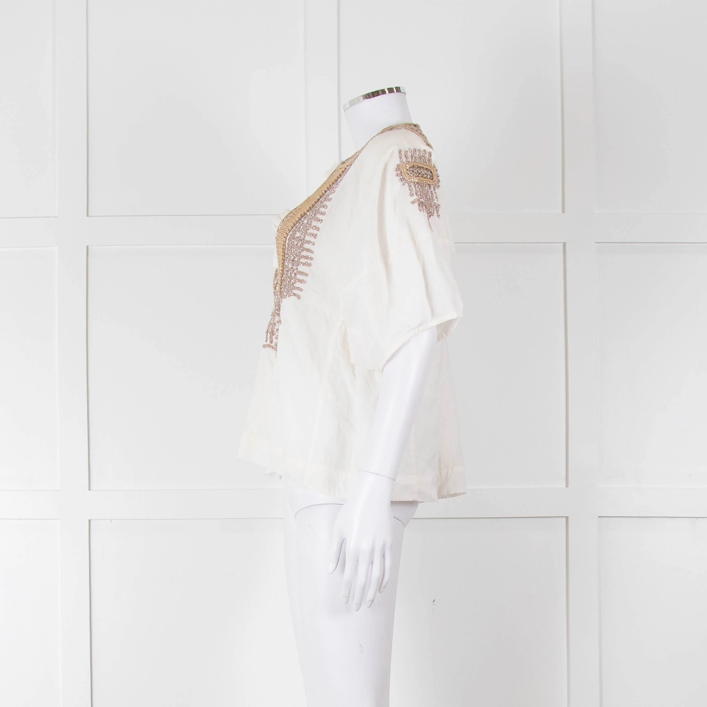 By Malene Birger Cream Beige Gold Embroidered Short Sleeve Top - Image 7