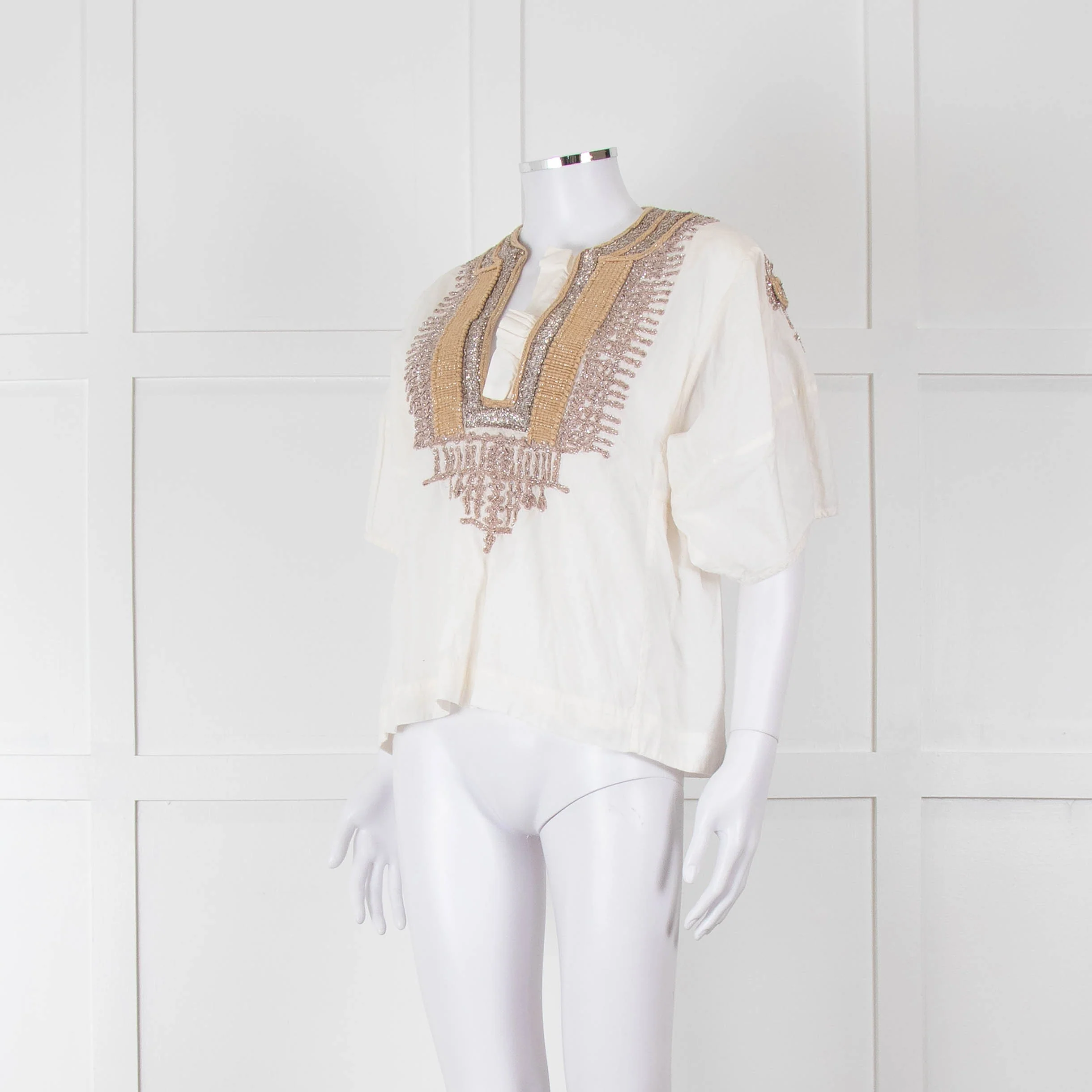 By Malene Birger Cream Beige Gold Embroidered Short Sleeve Top - Image 8