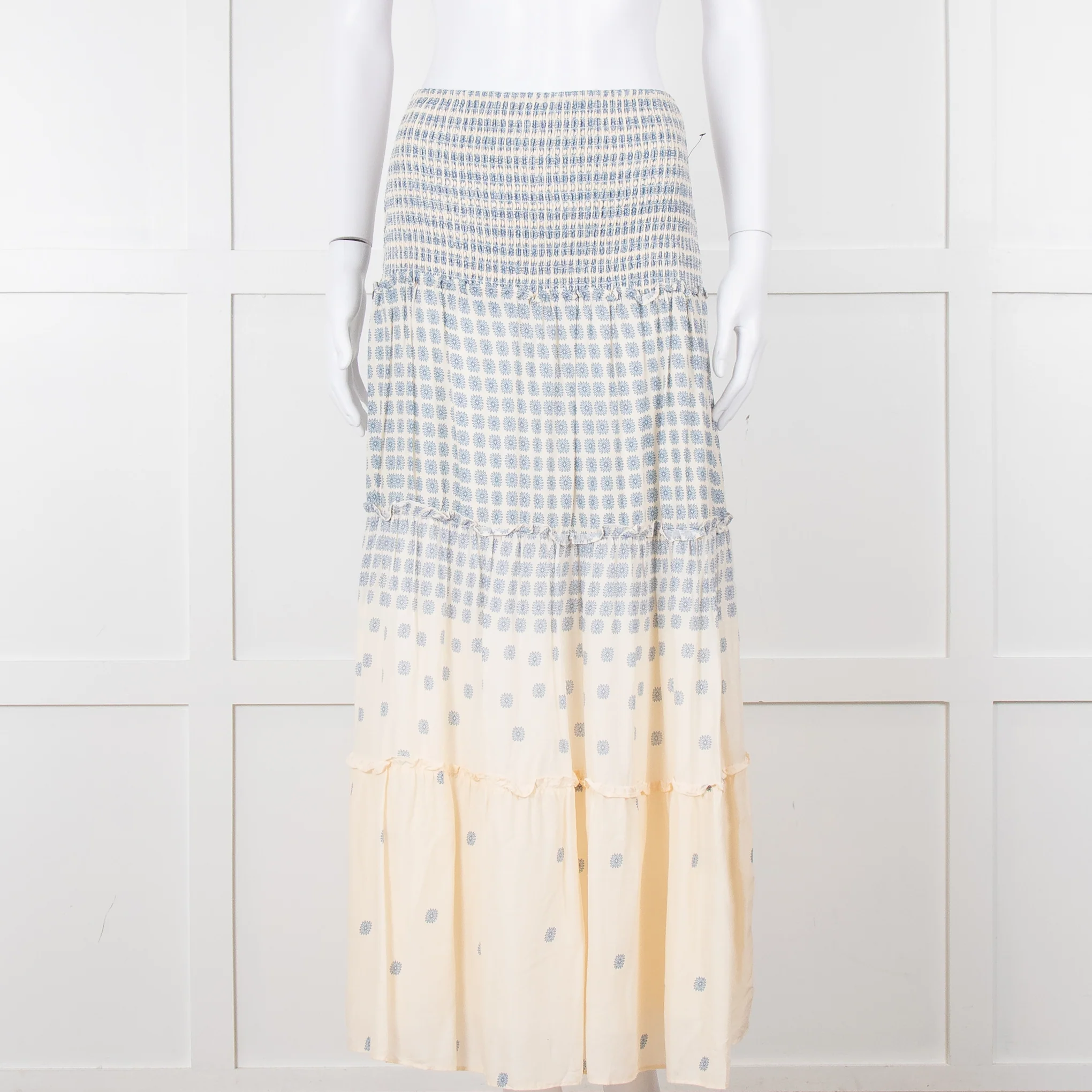 By Malina Cream Shirred Waist Skirt With Blue Flower Pattern