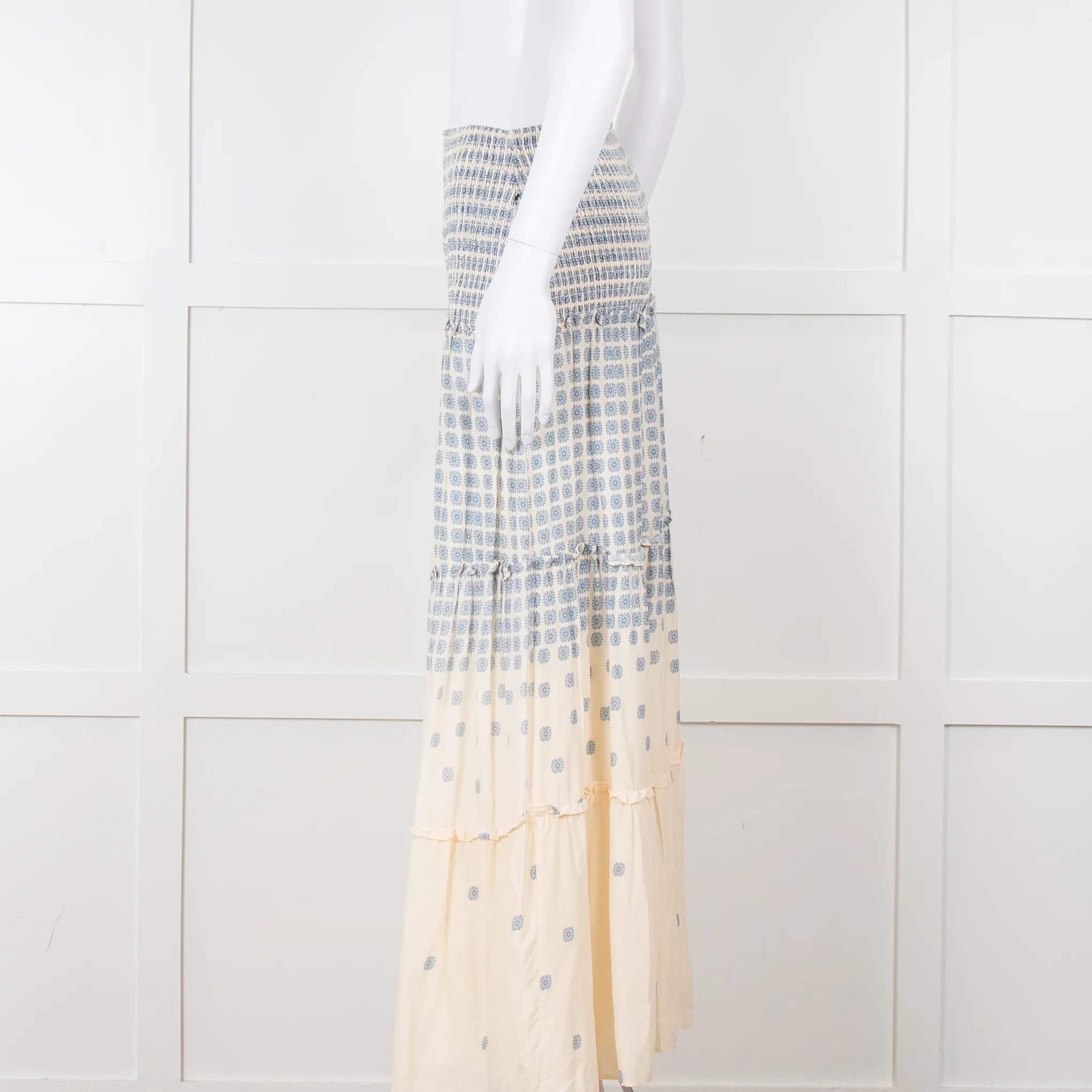By Malina Cream Shirred Waist Skirt With Blue Flower Pattern - Image 3