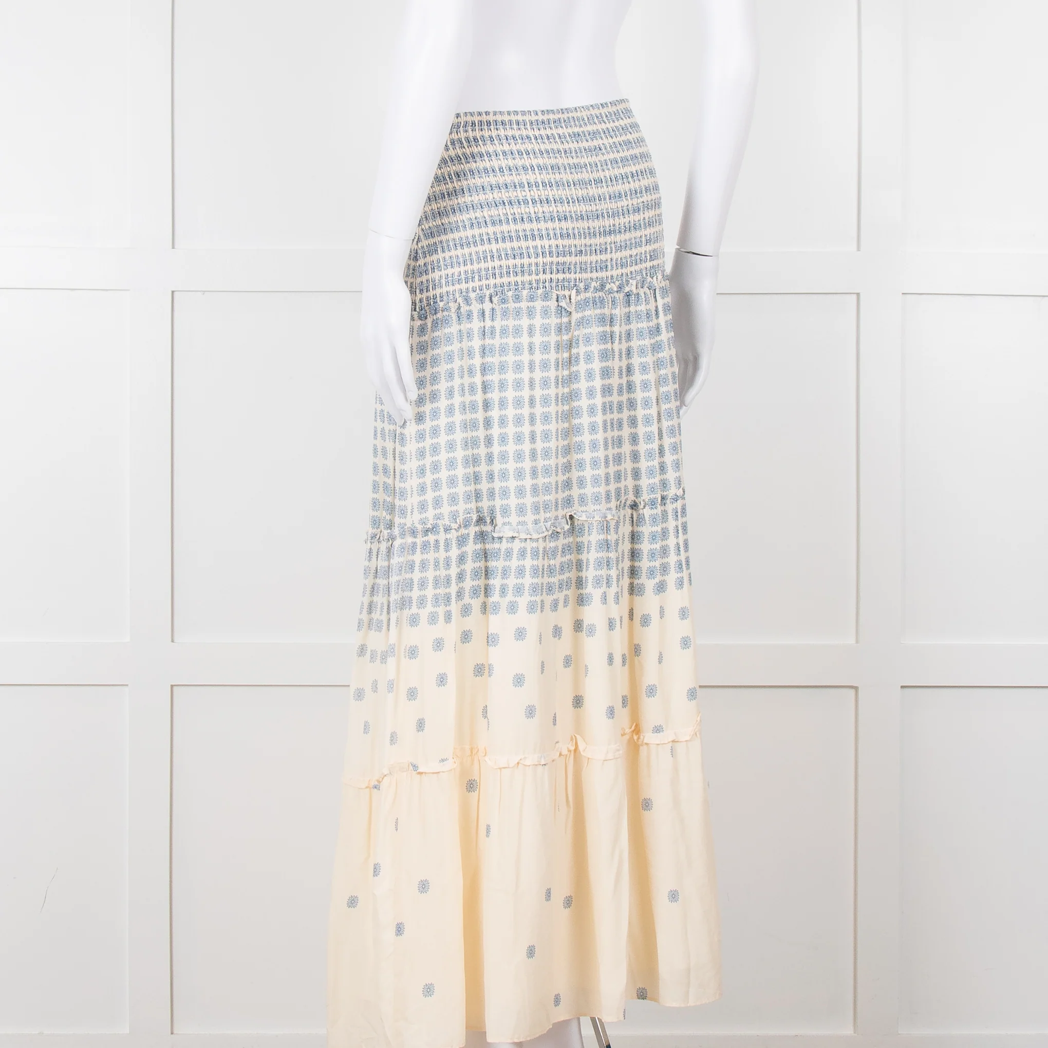 By Malina Cream Shirred Waist Skirt With Blue Flower Pattern - Image 4