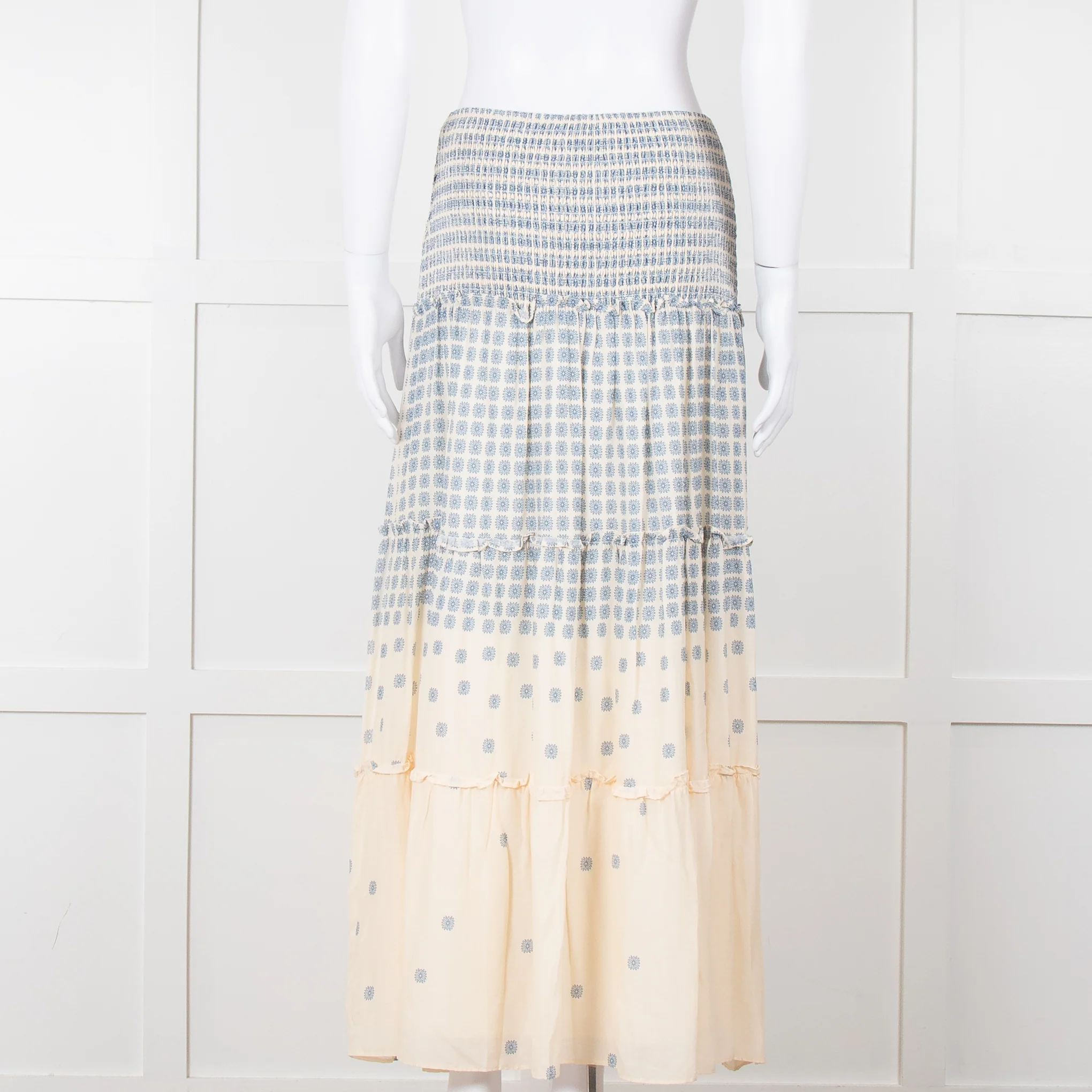 By Malina Cream Shirred Waist Skirt With Blue Flower Pattern - Image 5