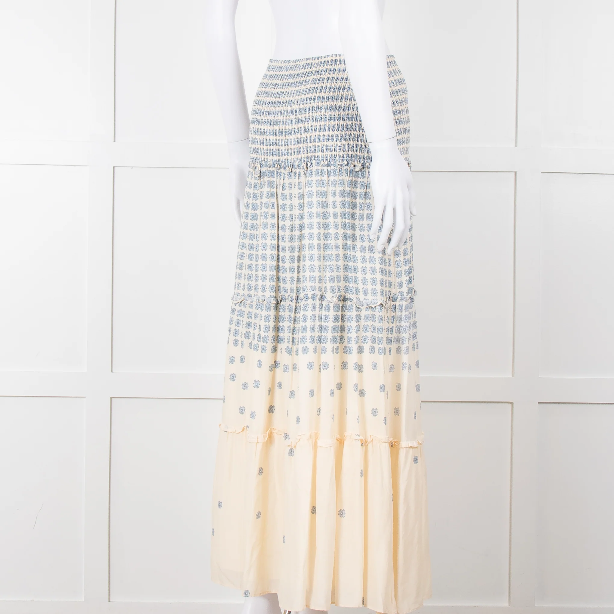By Malina Cream Shirred Waist Skirt With Blue Flower Pattern - Image 6