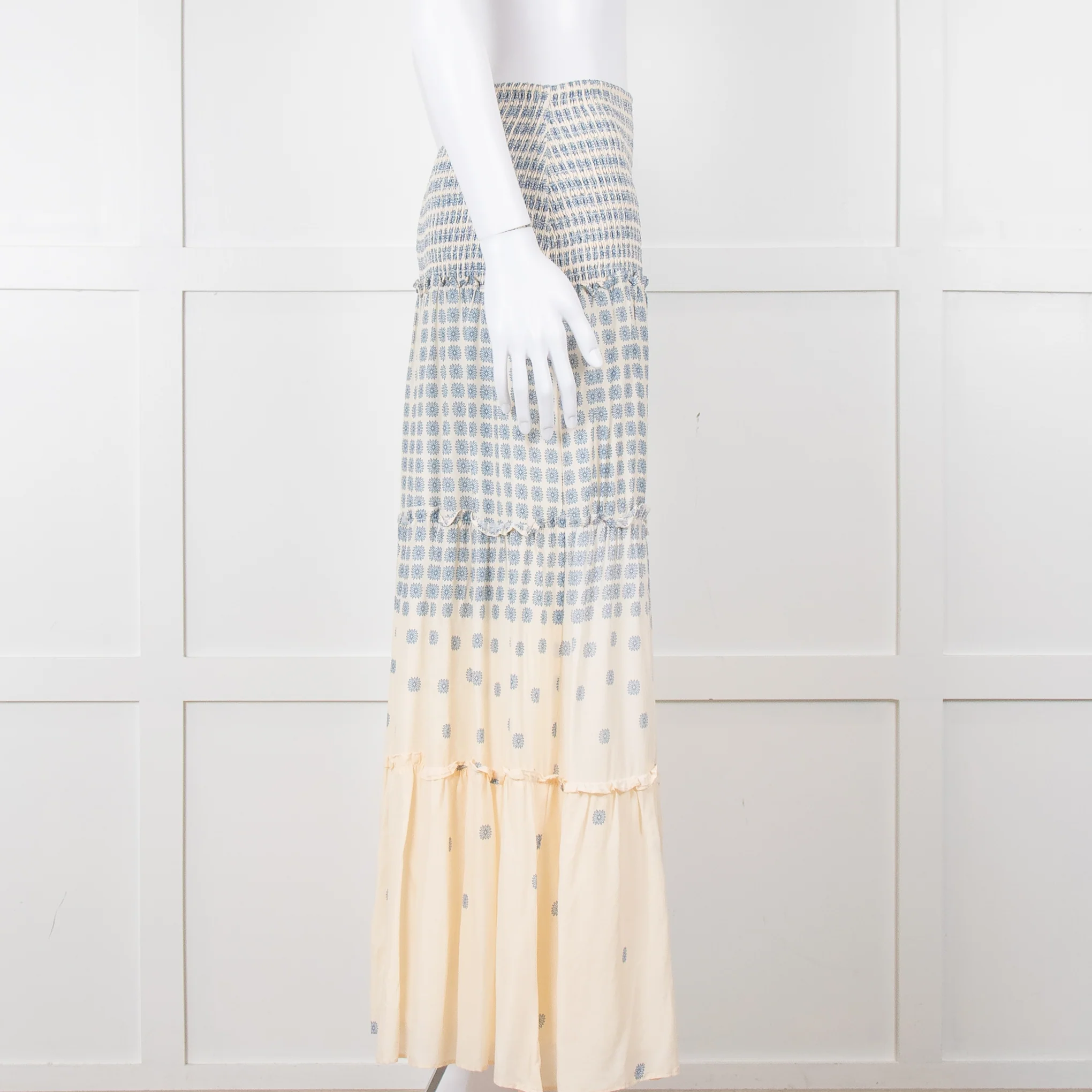 By Malina Cream Shirred Waist Skirt With Blue Flower Pattern - Image 7