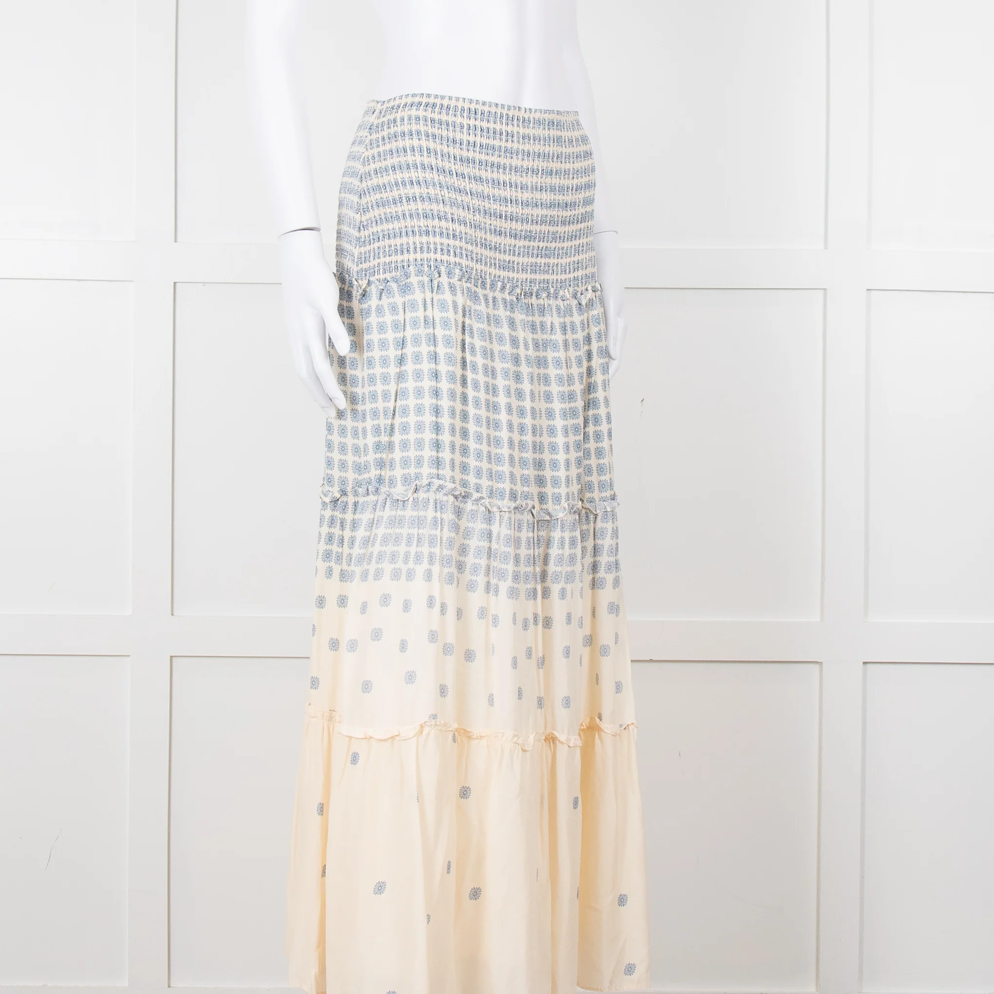 By Malina Cream Shirred Waist Skirt With Blue Flower Pattern - Image 8