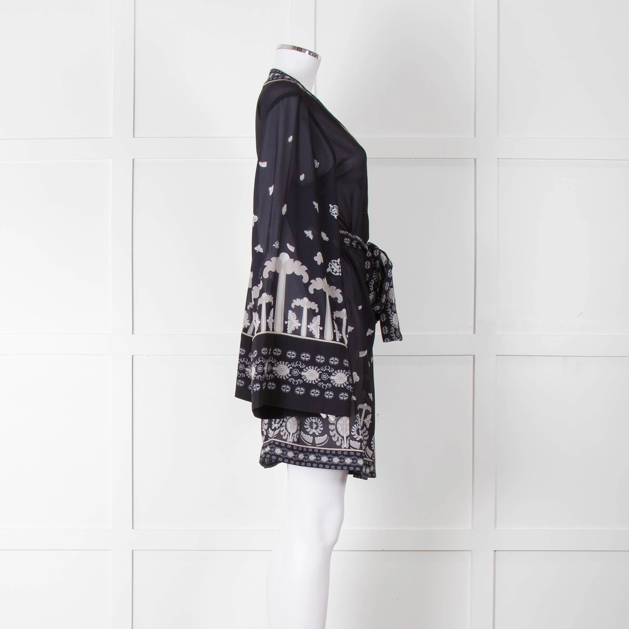 By Malina Navy Sheer Pattern Wide Sleeve Wrap Top With Belt - Image 3