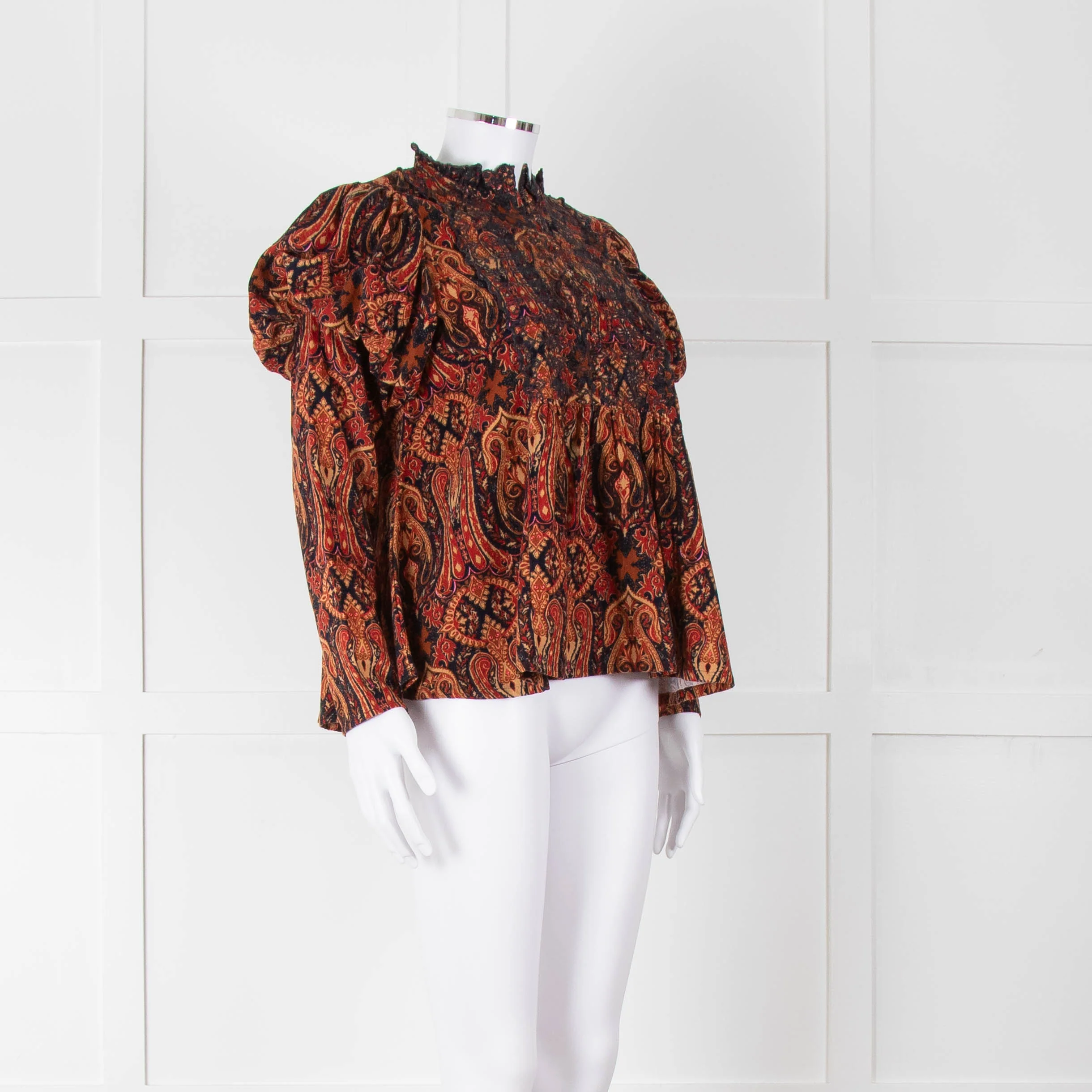 By TiMo Navy Brown Print Embroidered Puffed Sleeve Corduroy Blouse - Image 2