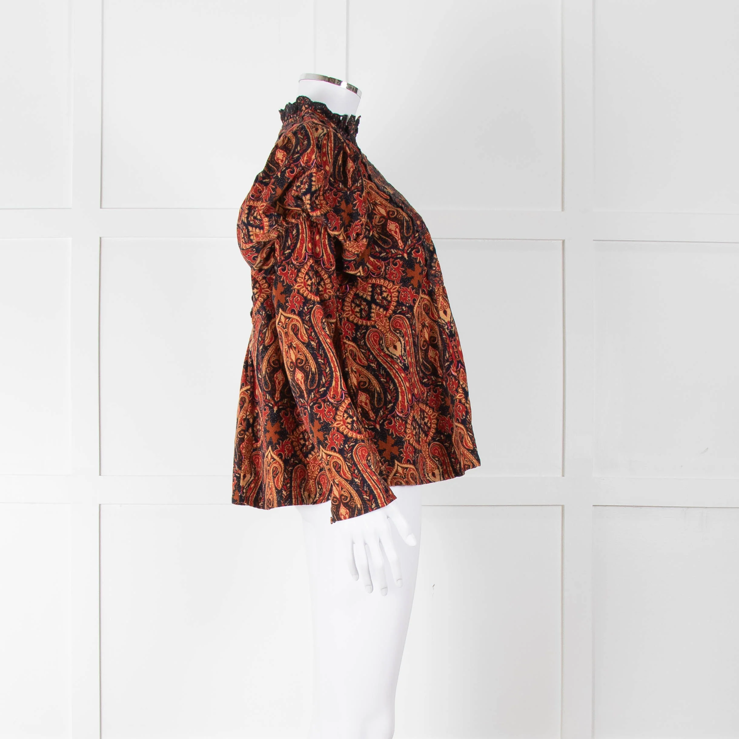 By TiMo Navy Brown Print Embroidered Puffed Sleeve Corduroy Blouse - Image 3