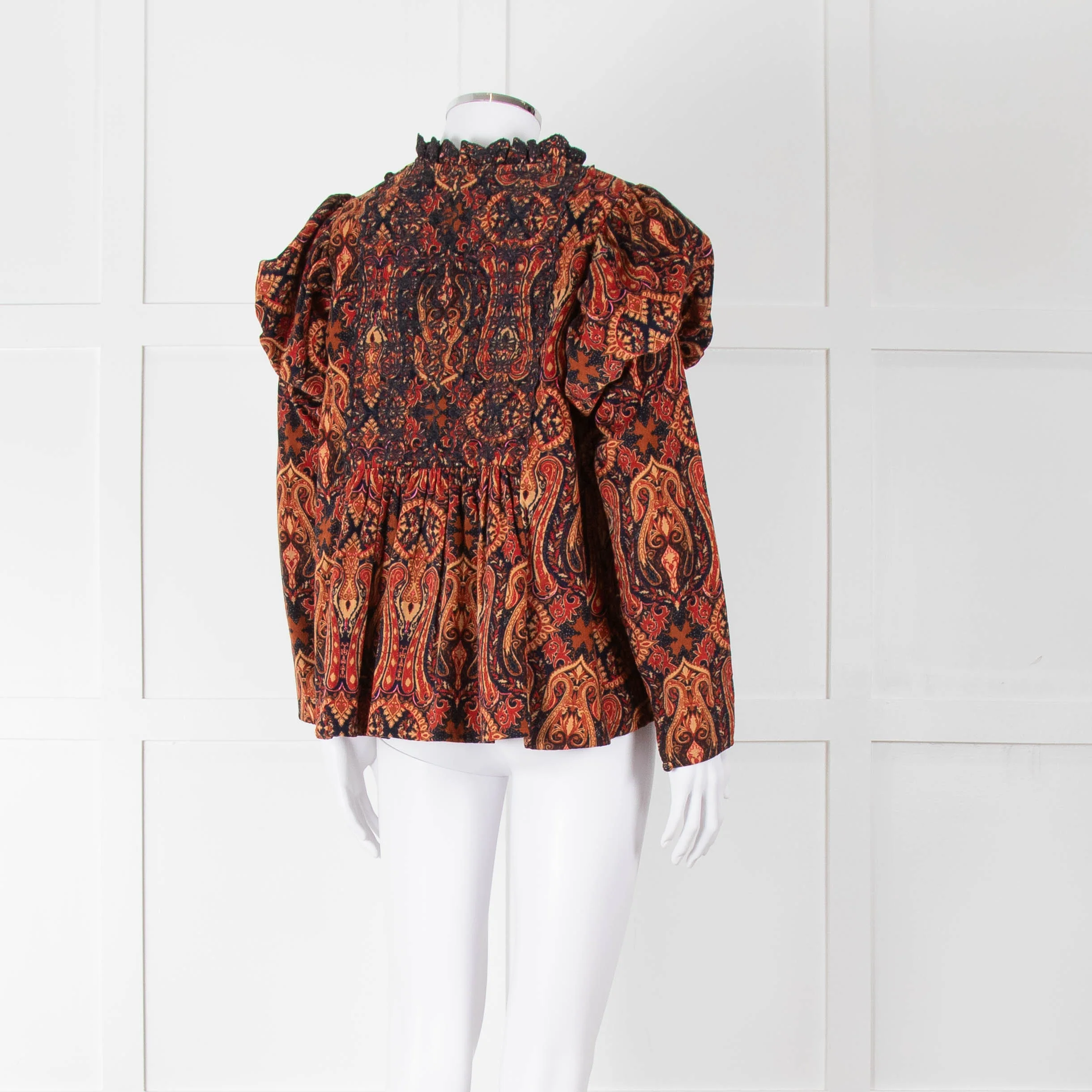 By TiMo Navy Brown Print Embroidered Puffed Sleeve Corduroy Blouse - Image 4
