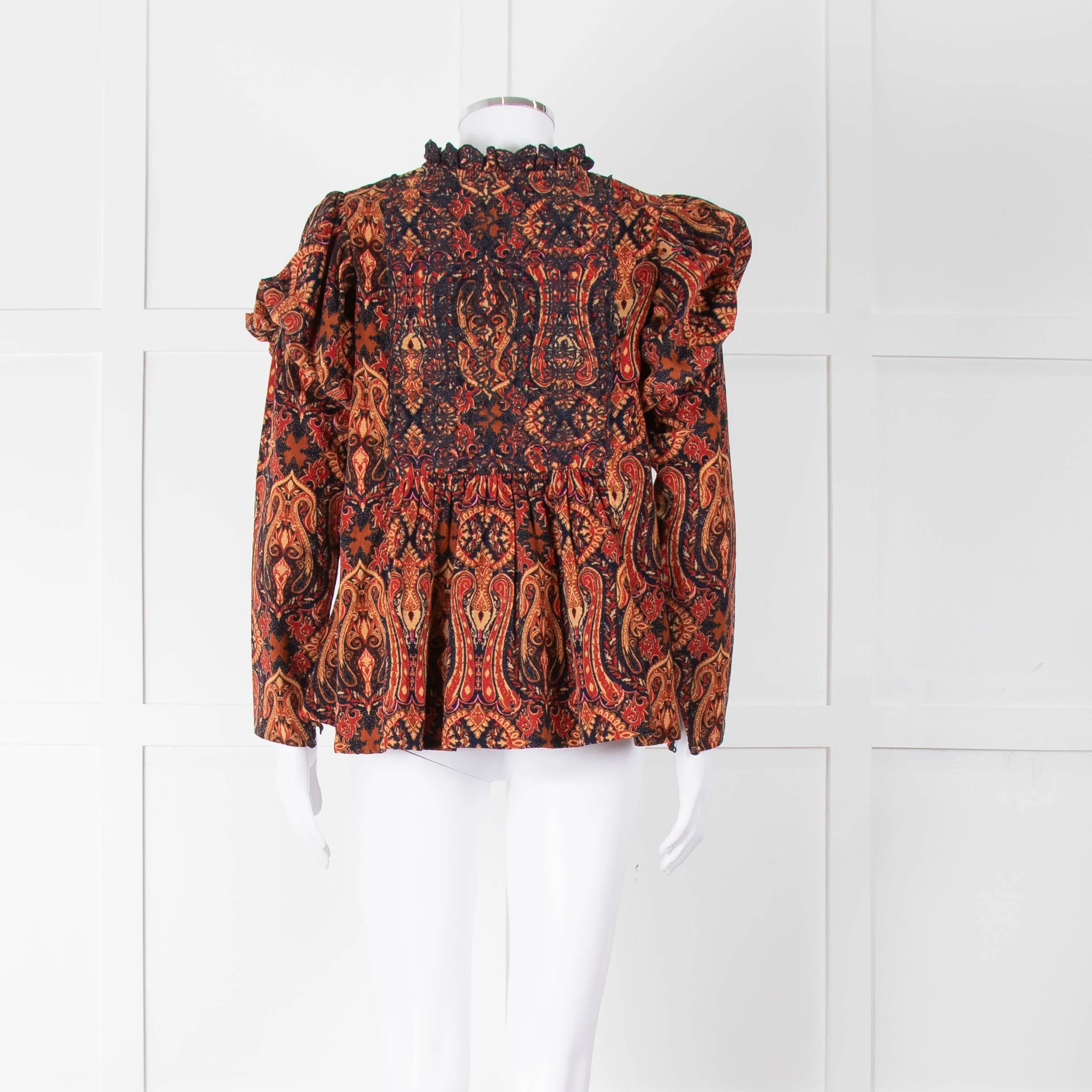 By TiMo Navy Brown Print Embroidered Puffed Sleeve Corduroy Blouse - Image 5