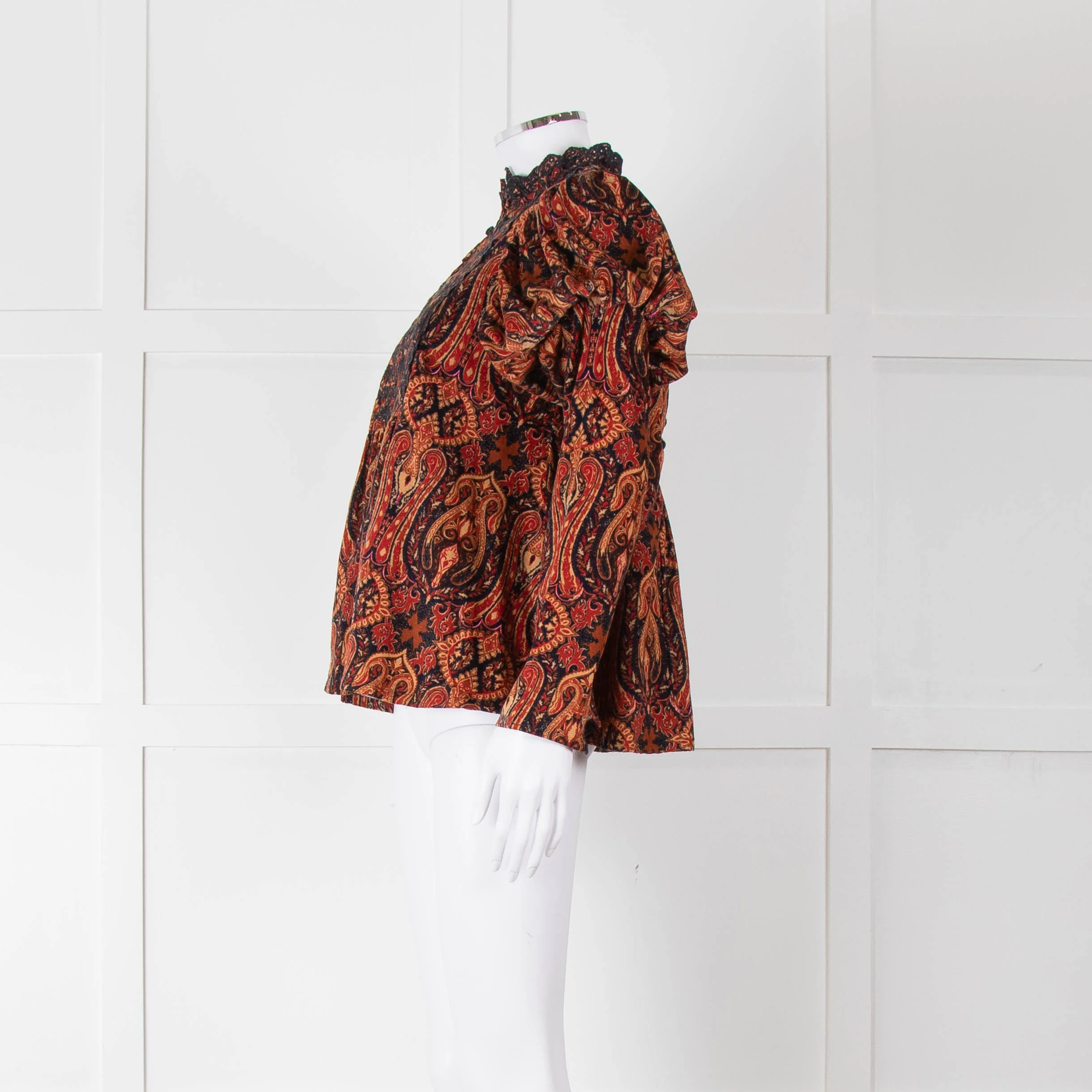 By TiMo Navy Brown Print Embroidered Puffed Sleeve Corduroy Blouse - Image 7