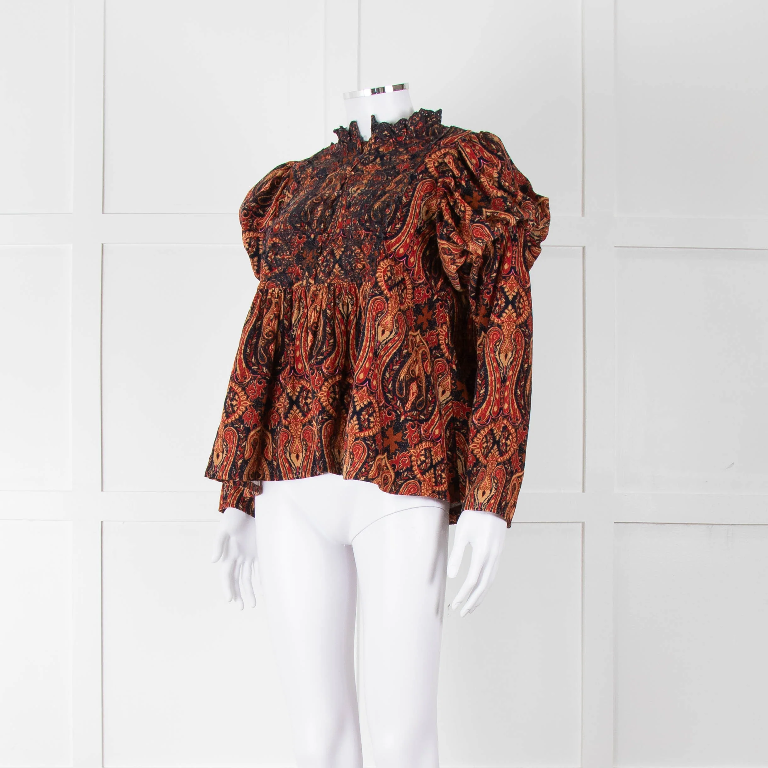 By TiMo Navy Brown Print Embroidered Puffed Sleeve Corduroy Blouse - Image 8