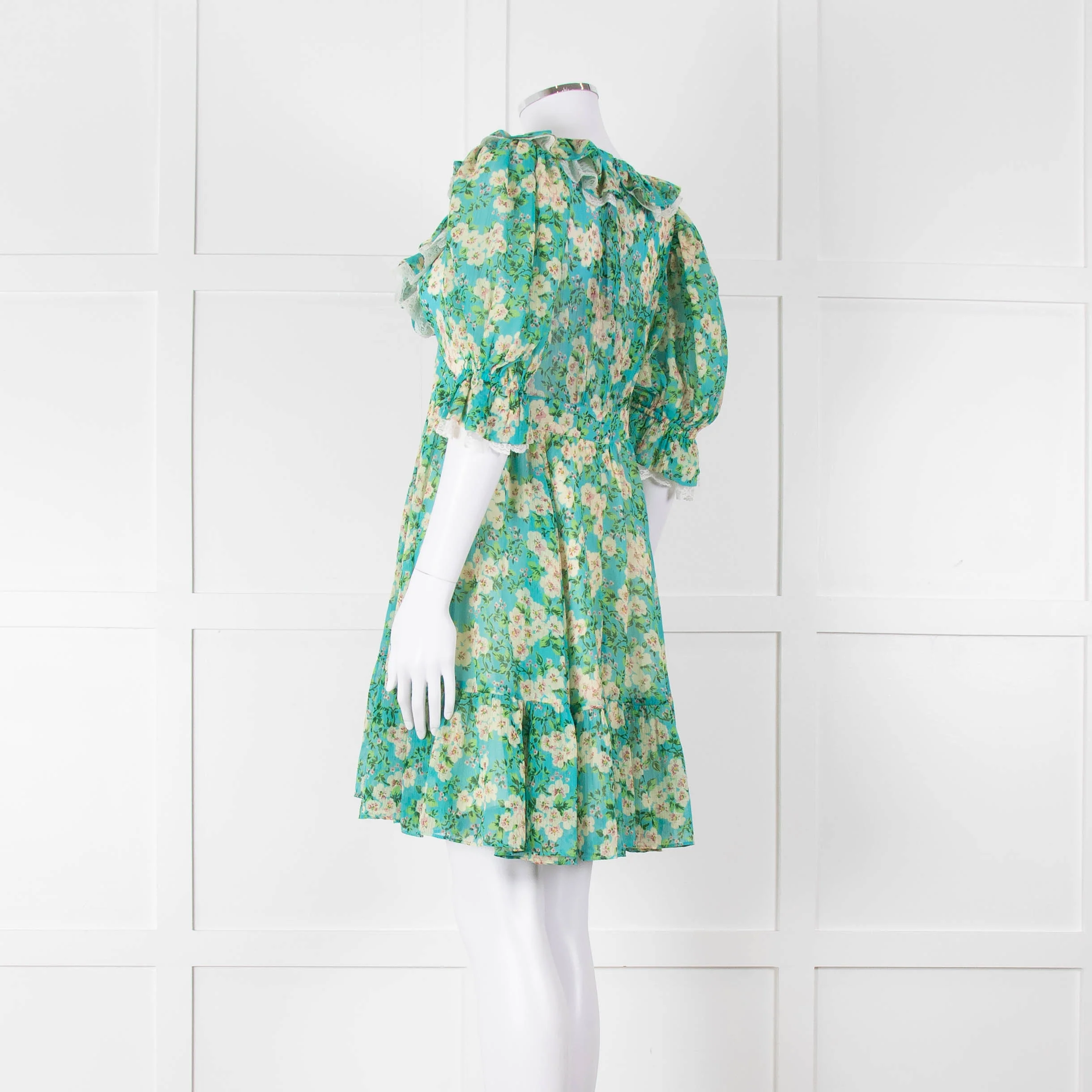 By Timo Turquoise Cream Floral Puff Sleeve Mini Dress - Image 6