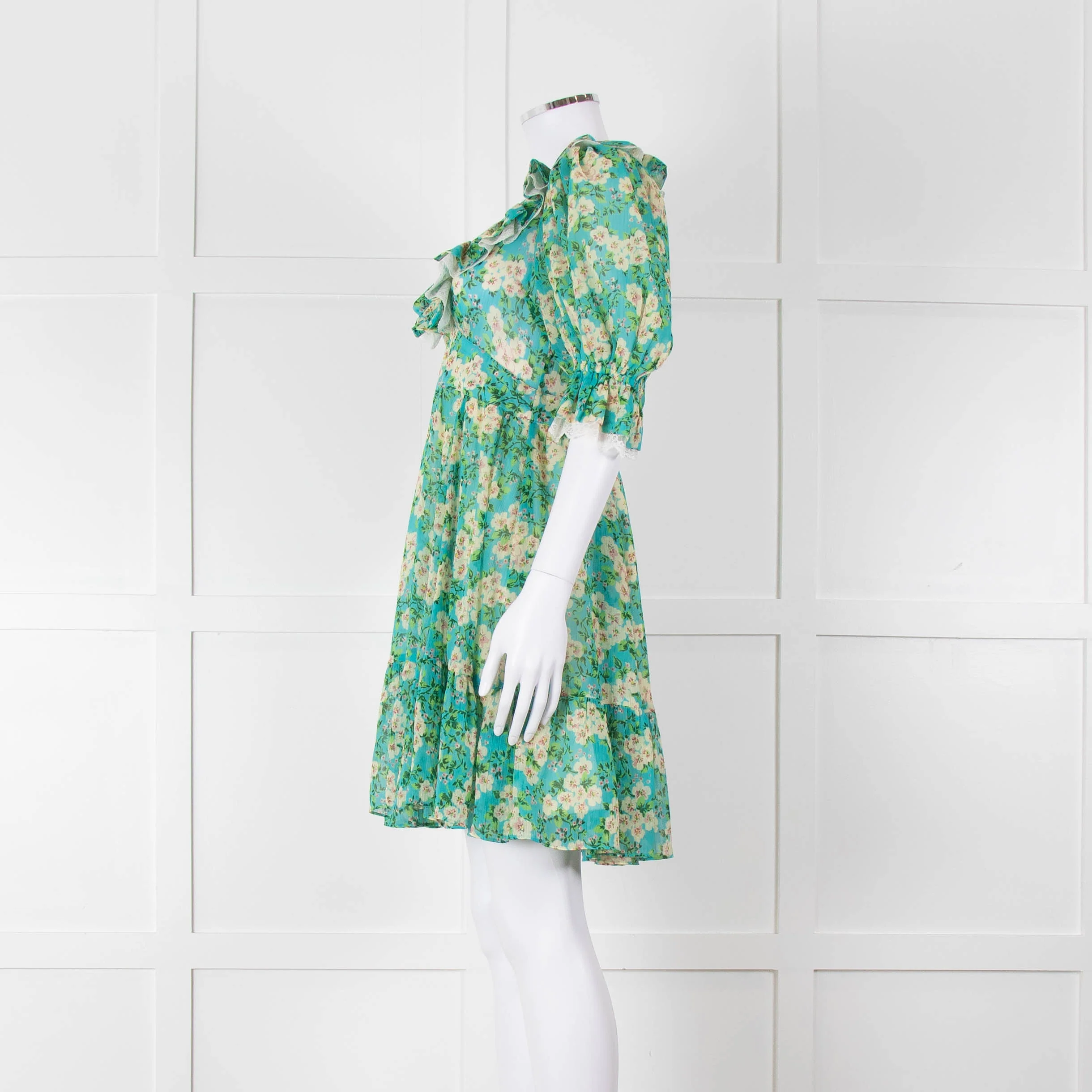 By Timo Turquoise Cream Floral Puff Sleeve Mini Dress - Image 7