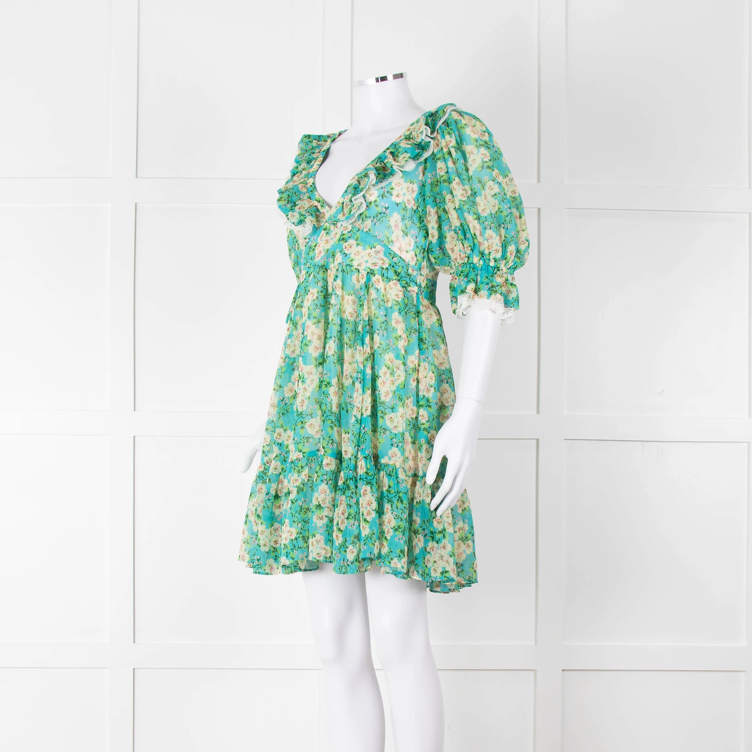 By Timo Turquoise Cream Floral Puff Sleeve Mini Dress - Image 8