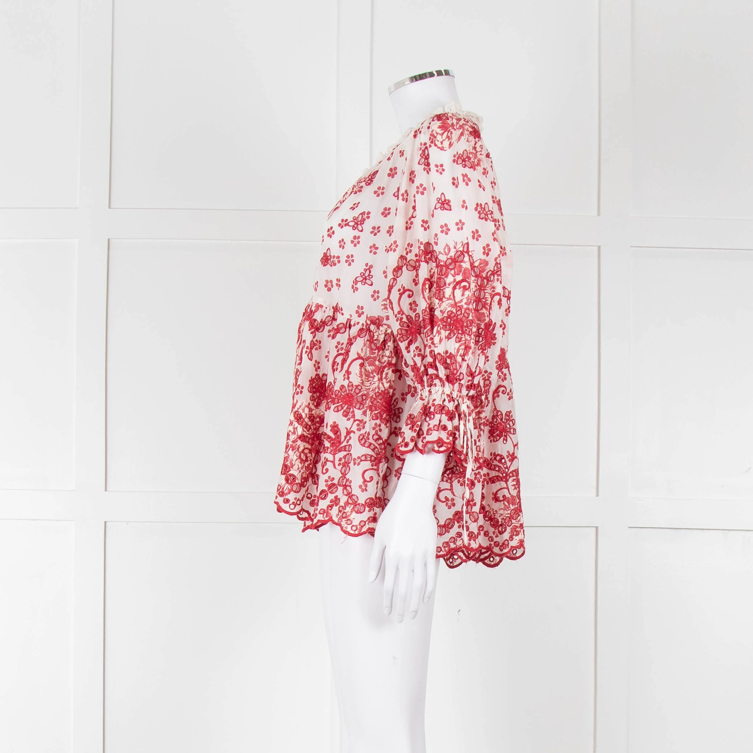 By Timo White Red Embroidered Button Front Peplum Top - Image 7