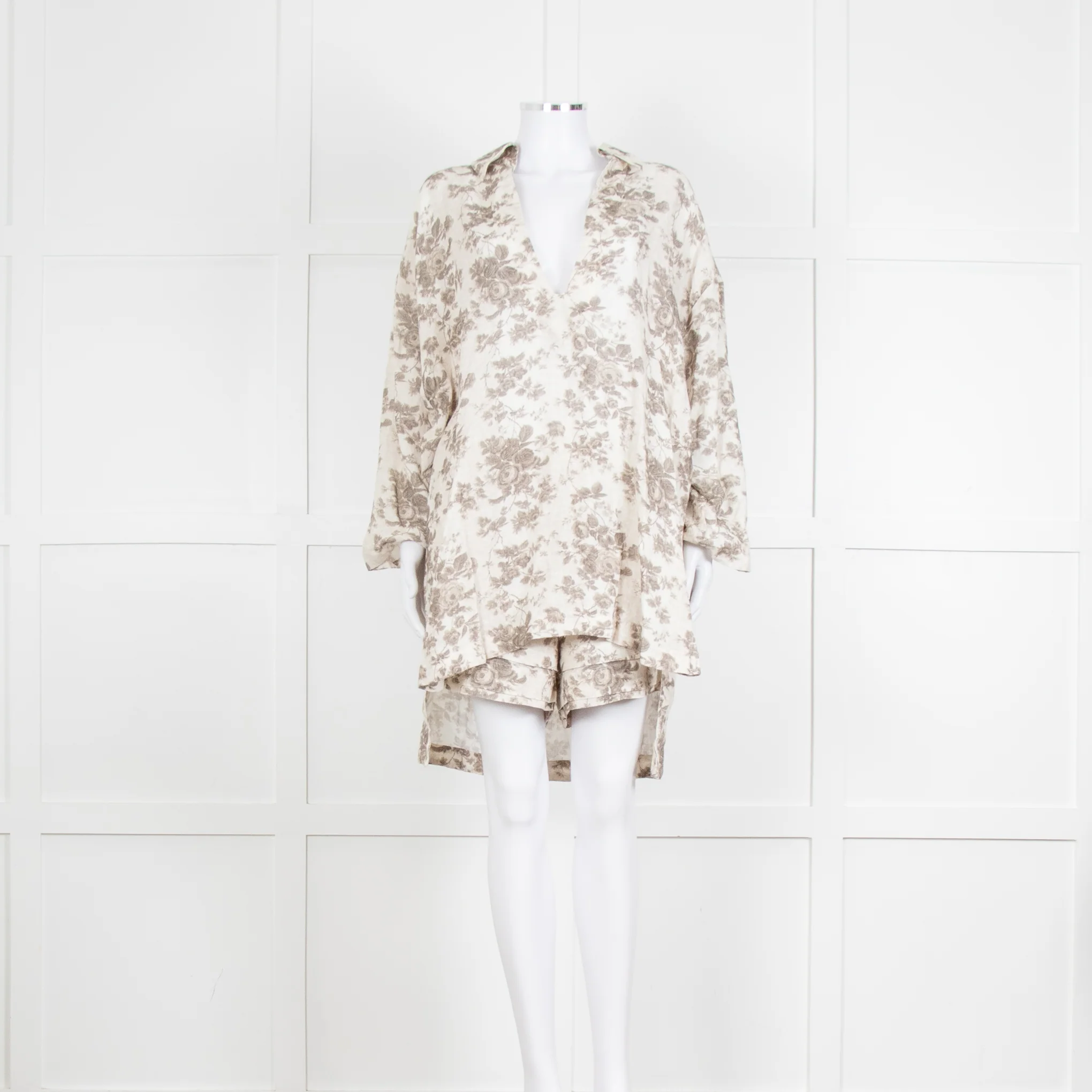 By Walid Grey Rose Floral Print Linen Shirt with Shorts Set
