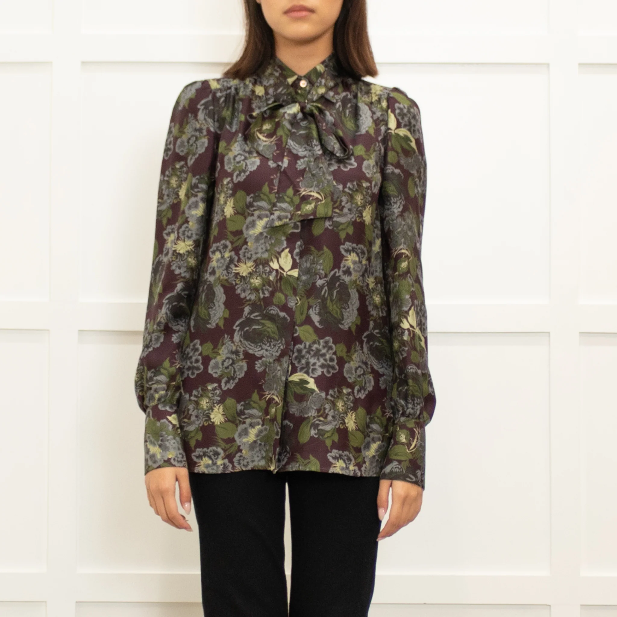 Caliban Brown Green Floral Silk Neck Tie Blouse - Image 2