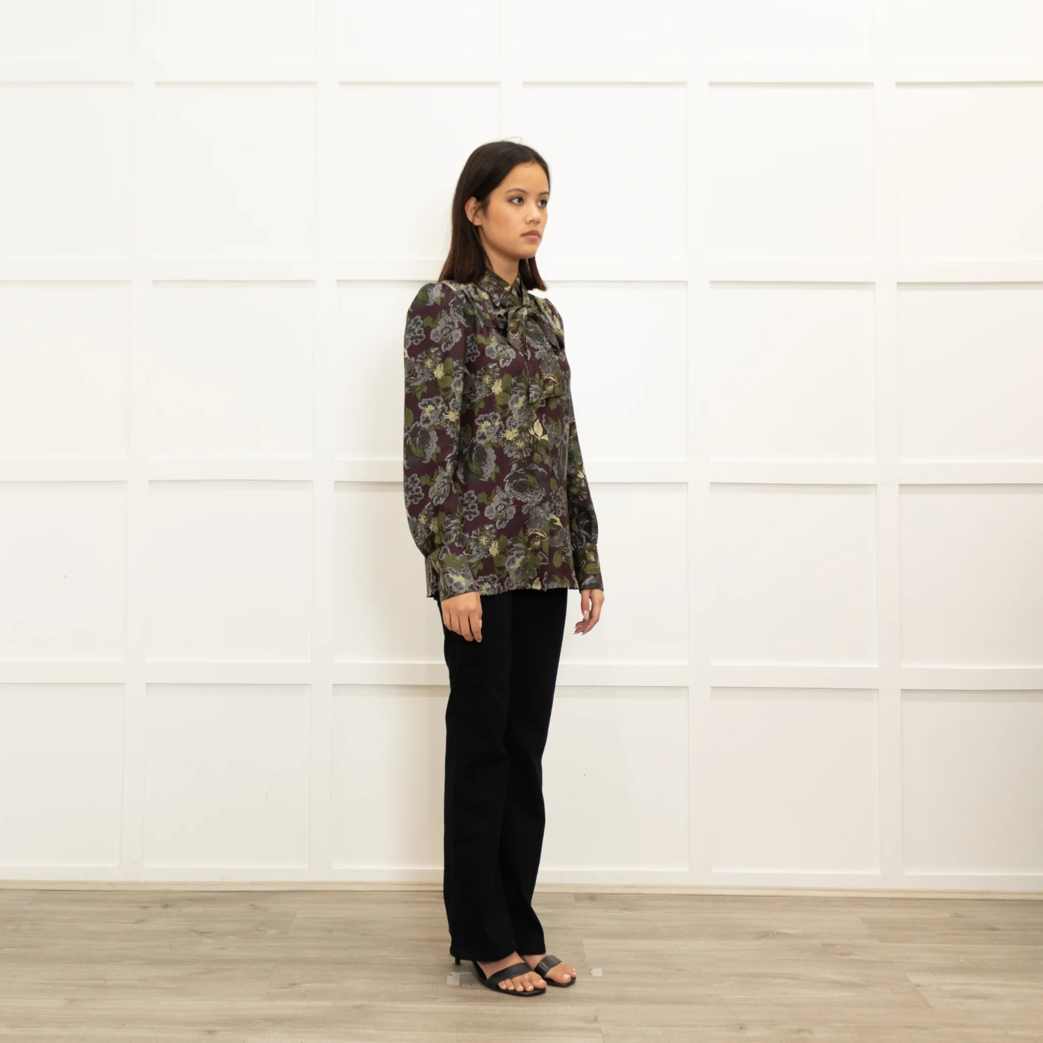 Caliban Brown Green Floral Silk Neck Tie Blouse - Image 3