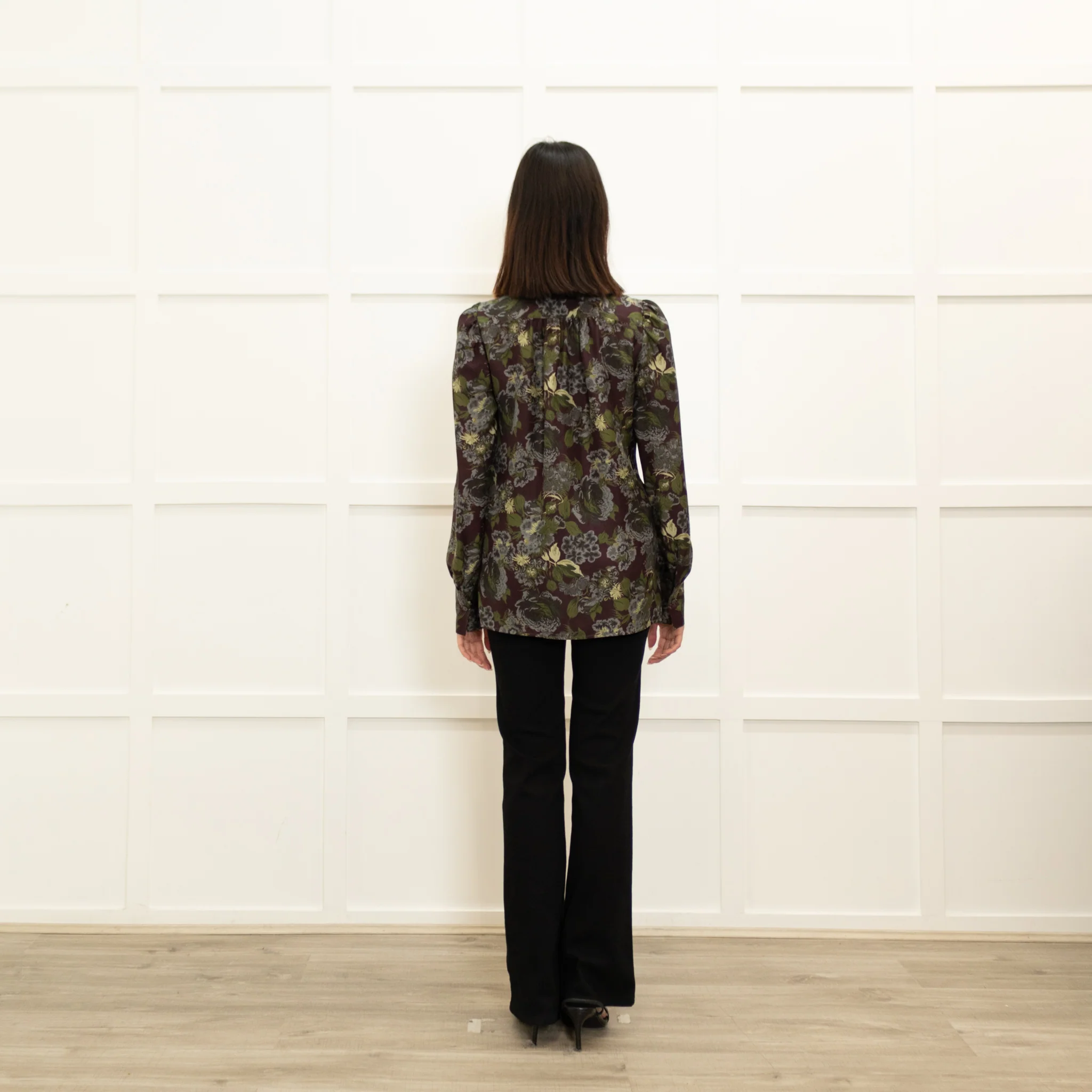 Caliban Brown Green Floral Silk Neck Tie Blouse - Image 5