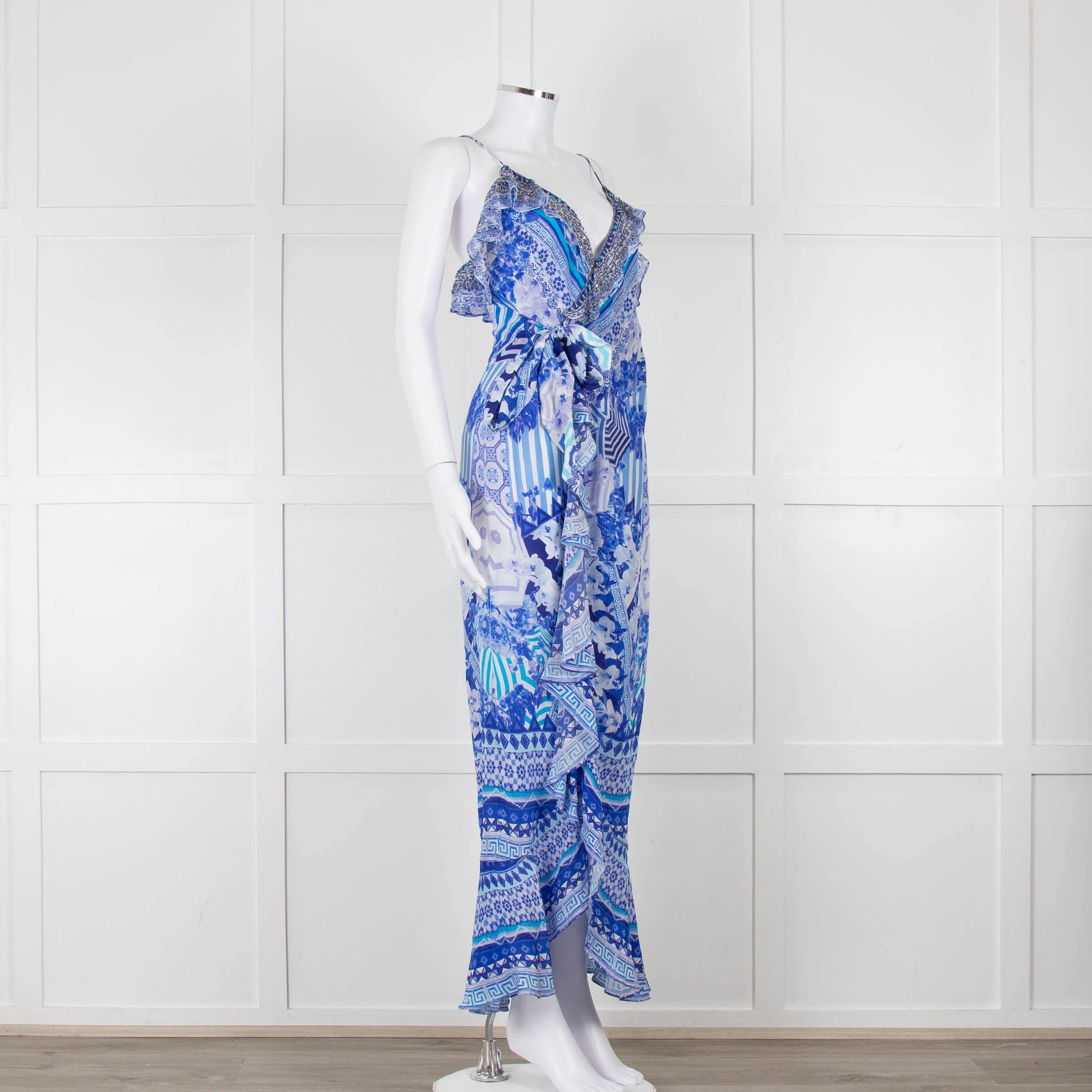 Camilla Blue and White Silk Patterned Jewelled Maxi  Dress - Image 2