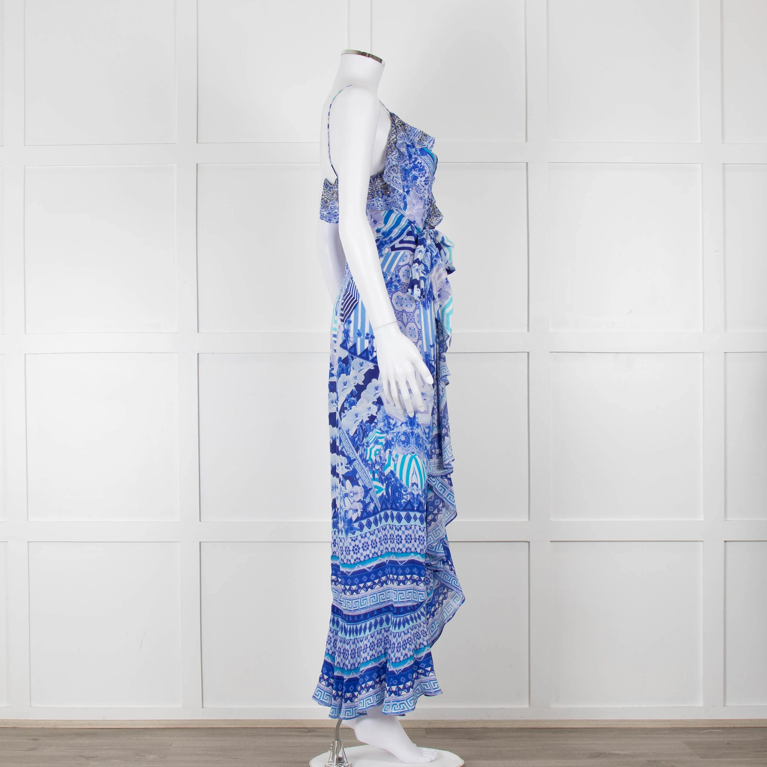 Camilla Blue and White Silk Patterned Jewelled Maxi  Dress - Image 3