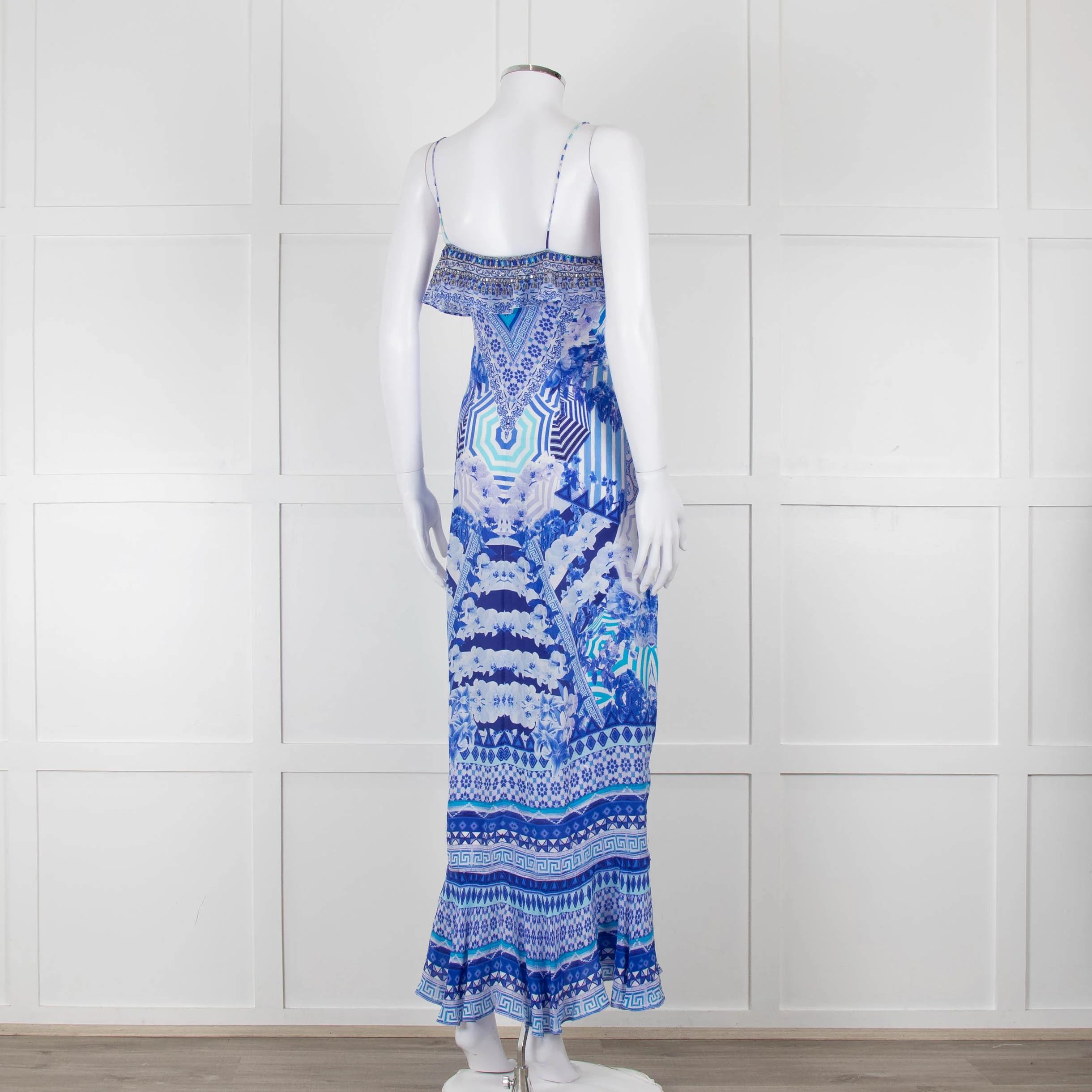 Camilla Blue and White Silk Patterned Jewelled Maxi  Dress - Image 4