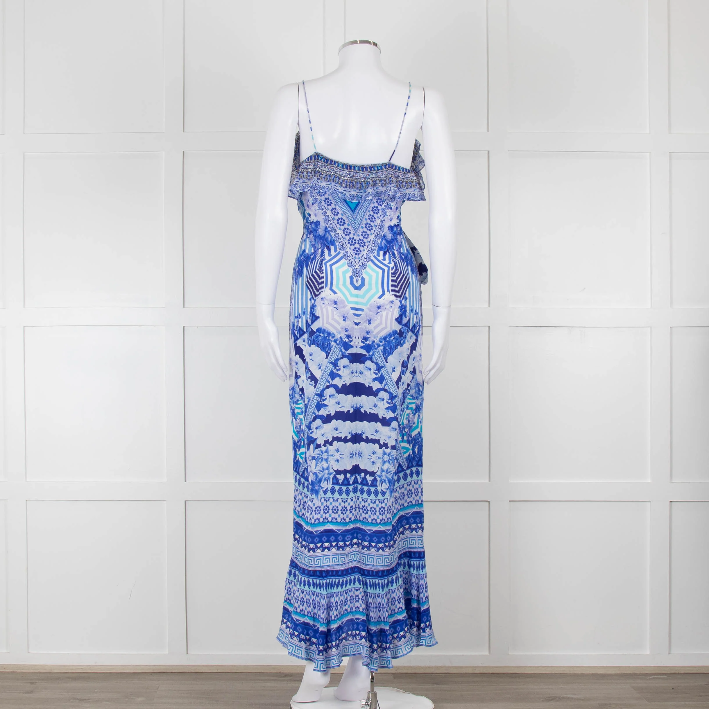 Camilla Blue and White Silk Patterned Jewelled Maxi  Dress - Image 5