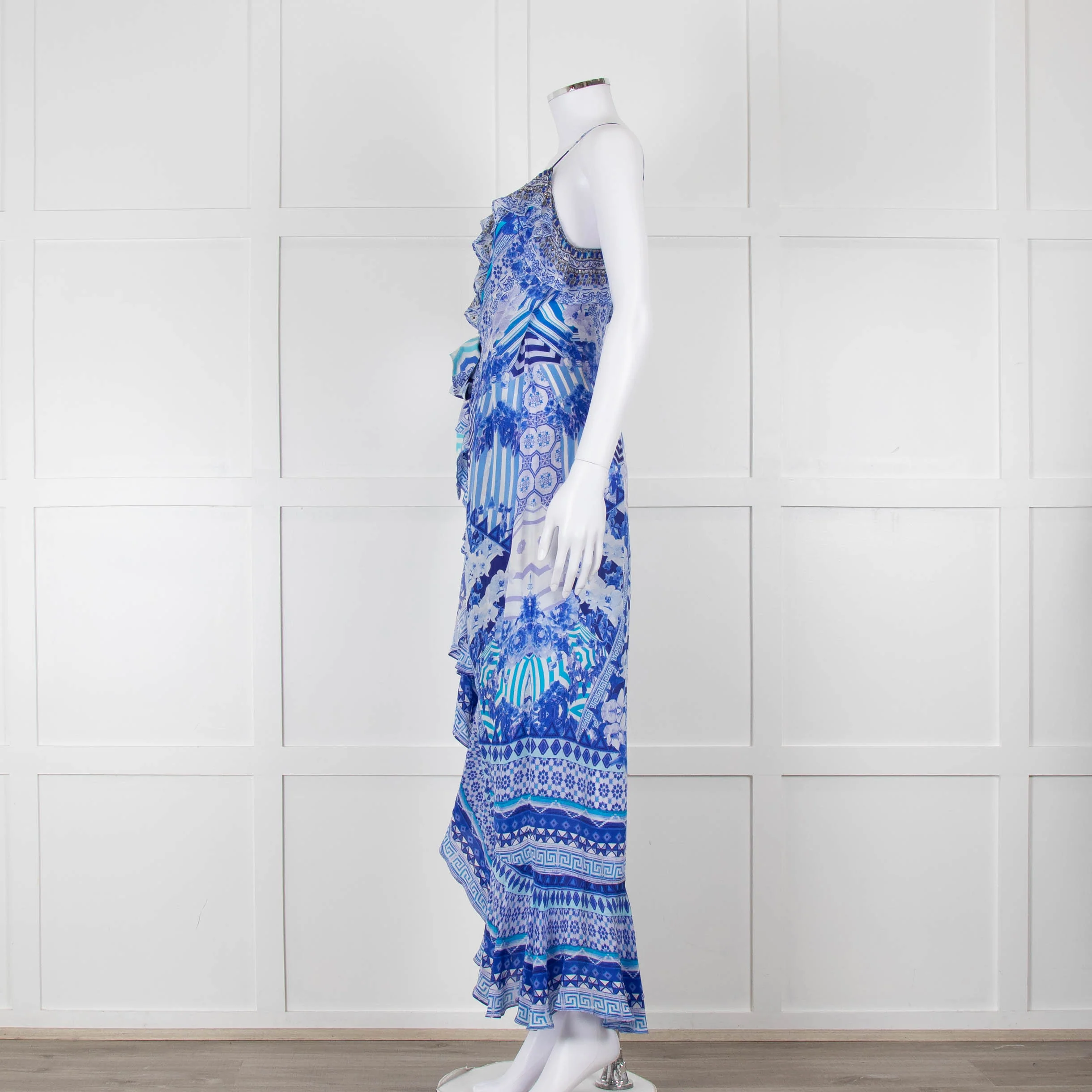 Camilla Blue and White Silk Patterned Jewelled Maxi  Dress - Image 7