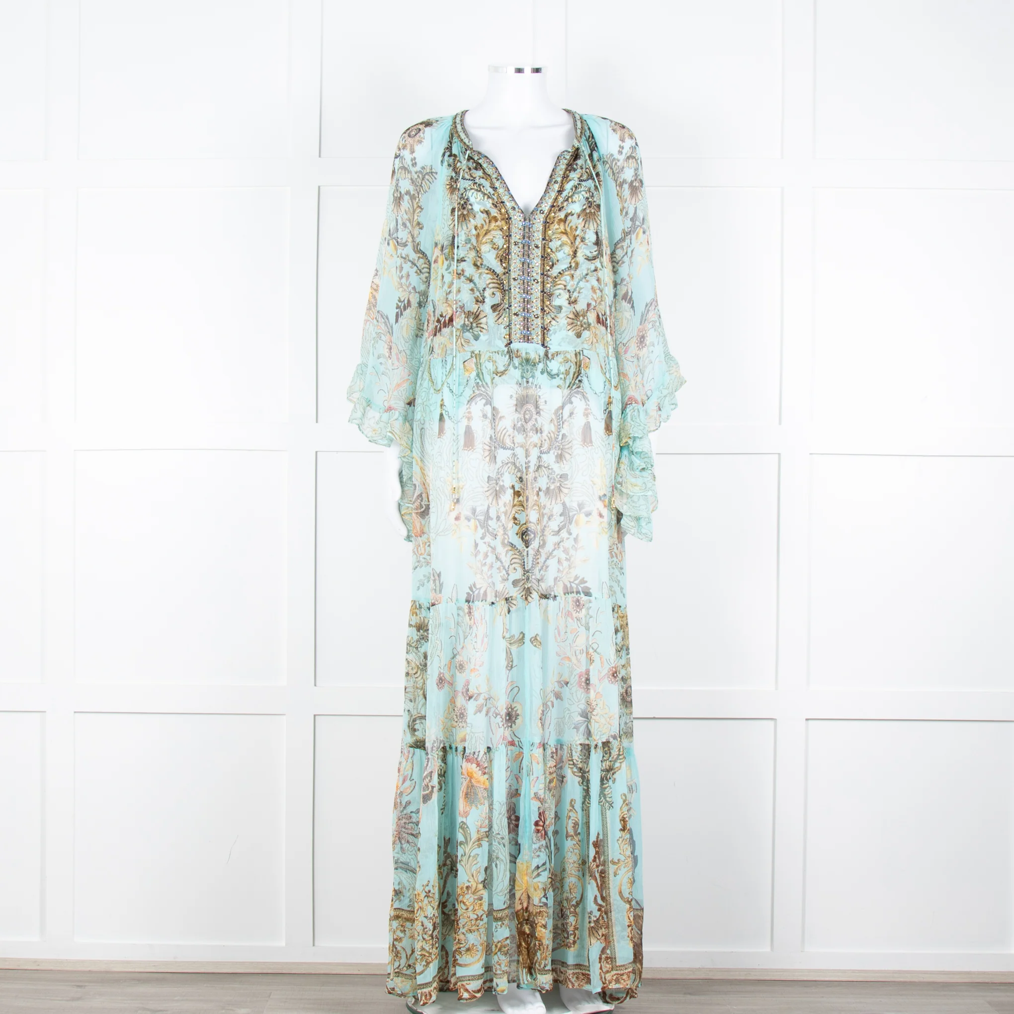 Camilla Pale Mint Green Gold Brown Floral Print Beaded Silk Dress