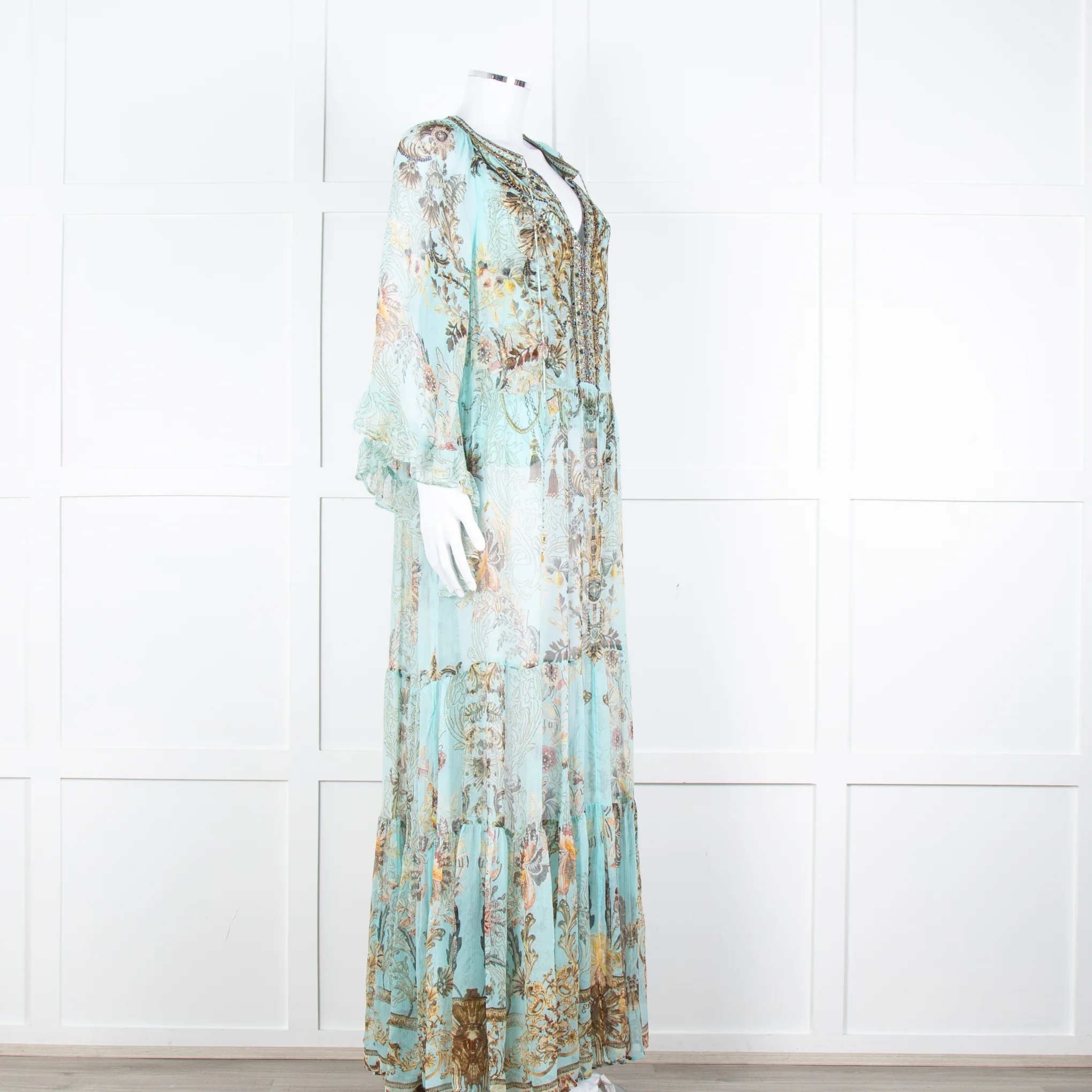 Camilla Pale Mint Green Gold Brown Floral Print Beaded Silk Dress - Image 2