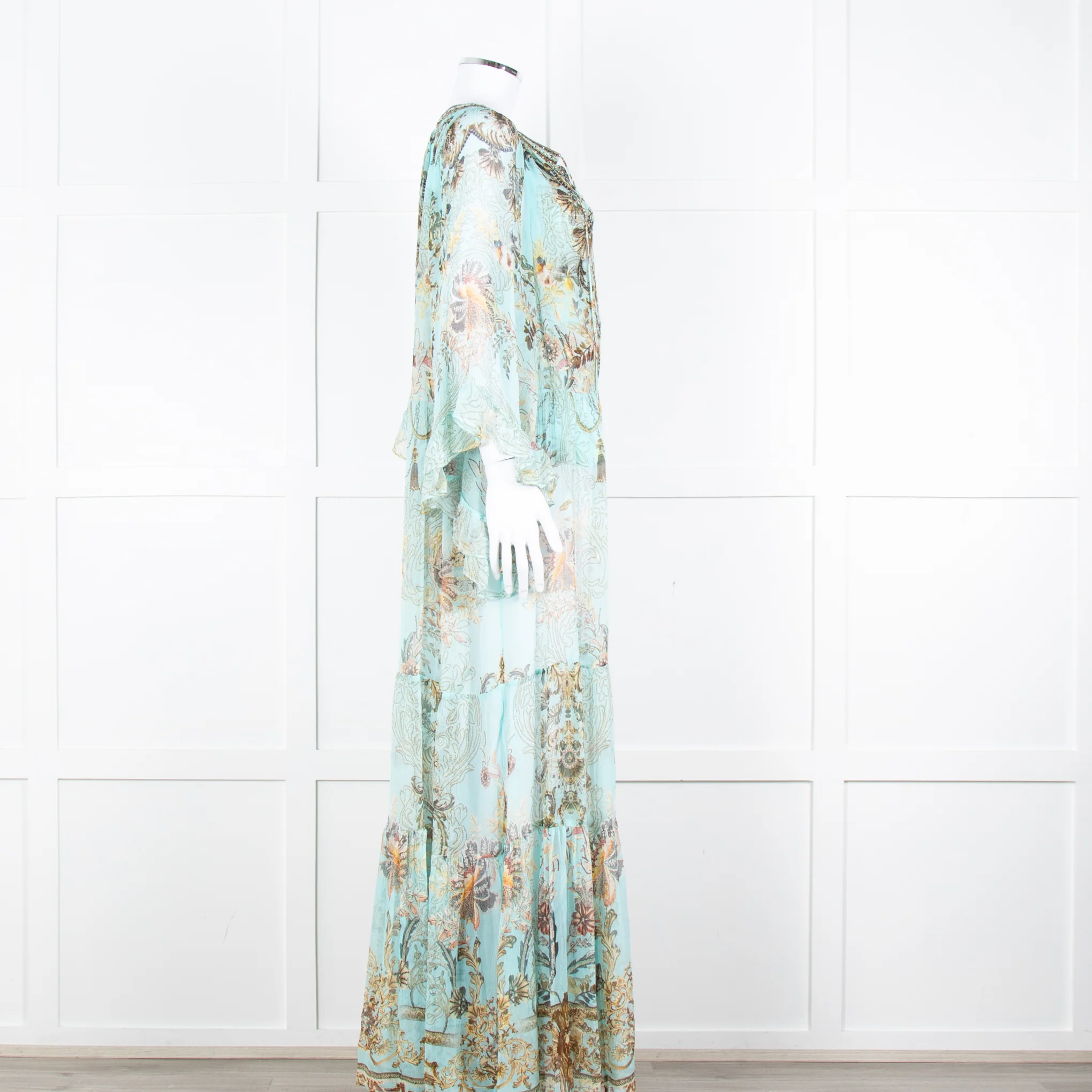 Camilla Pale Mint Green Gold Brown Floral Print Beaded Silk Dress - Image 3