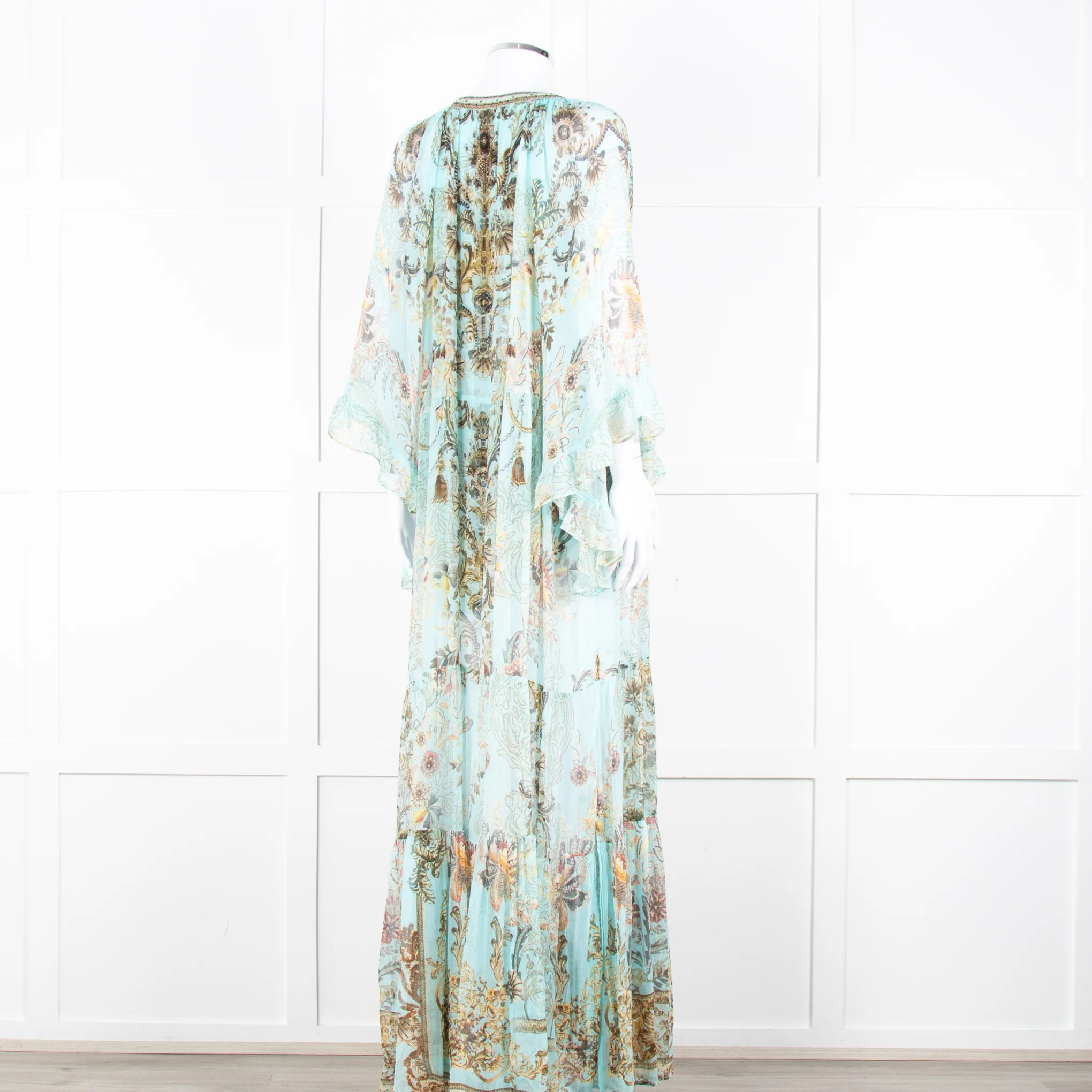 Camilla Pale Mint Green Gold Brown Floral Print Beaded Silk Dress - Image 4