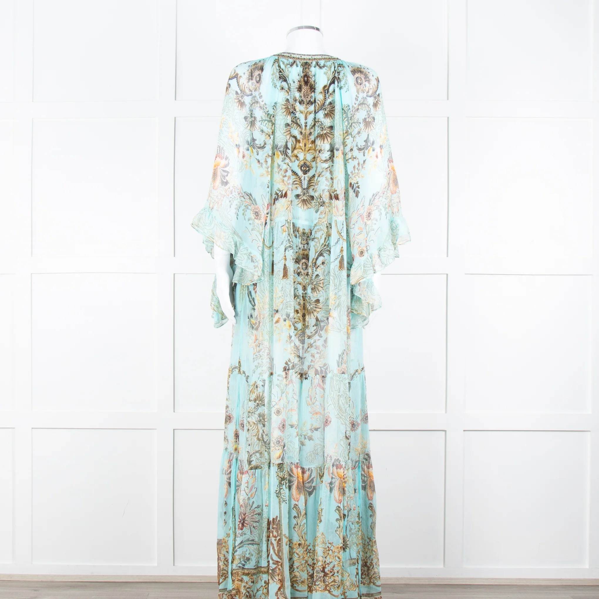 Camilla Pale Mint Green Gold Brown Floral Print Beaded Silk Dress - Image 5