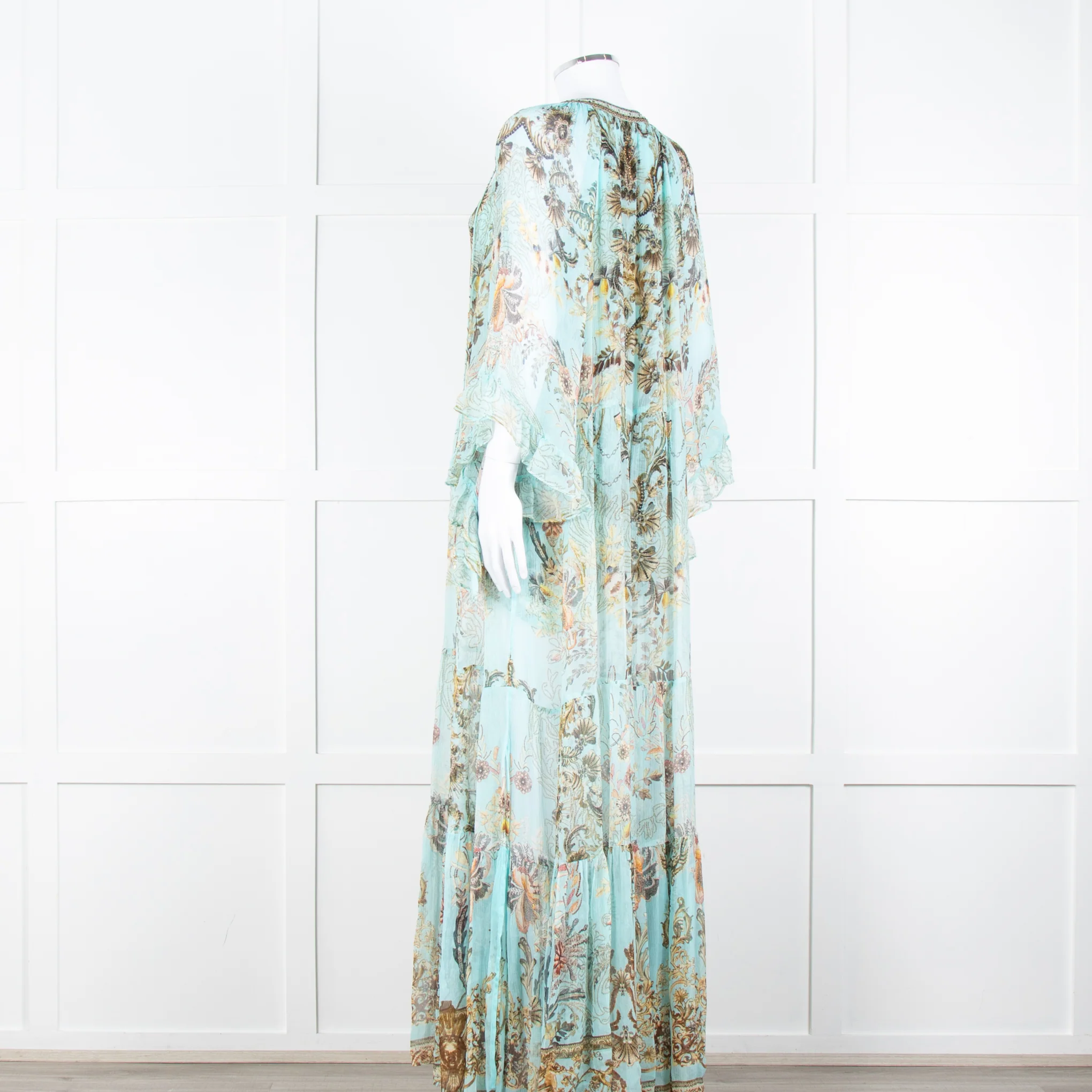 Camilla Pale Mint Green Gold Brown Floral Print Beaded Silk Dress - Image 6
