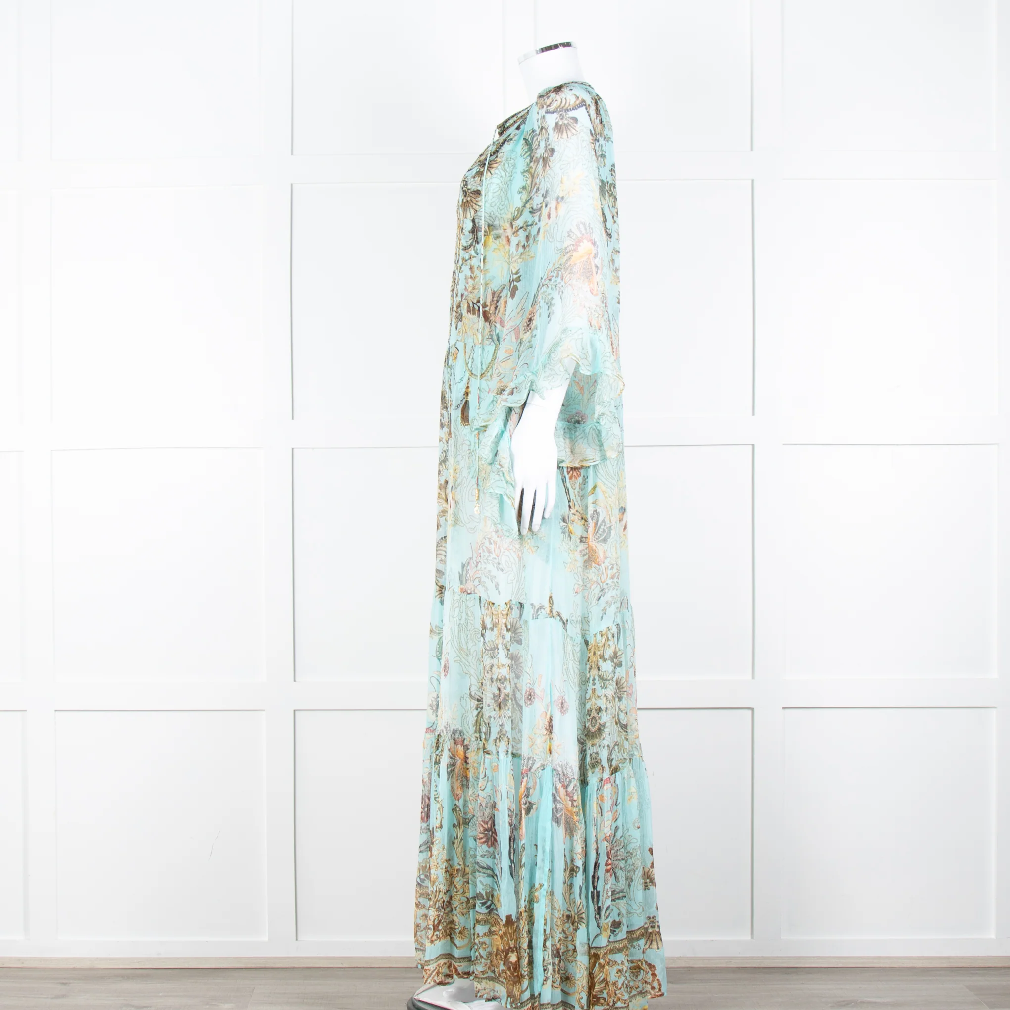 Camilla Pale Mint Green Gold Brown Floral Print Beaded Silk Dress - Image 7