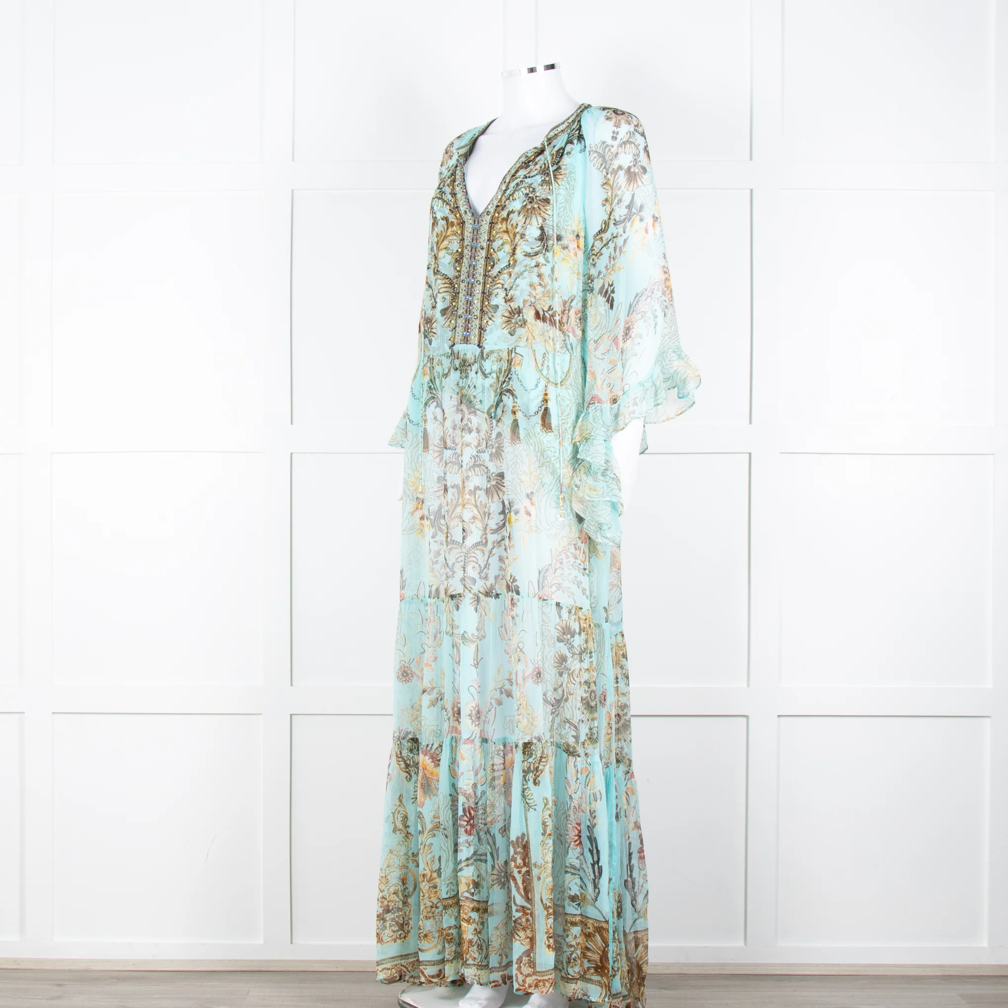 Camilla Pale Mint Green Gold Brown Floral Print Beaded Silk Dress - Image 8