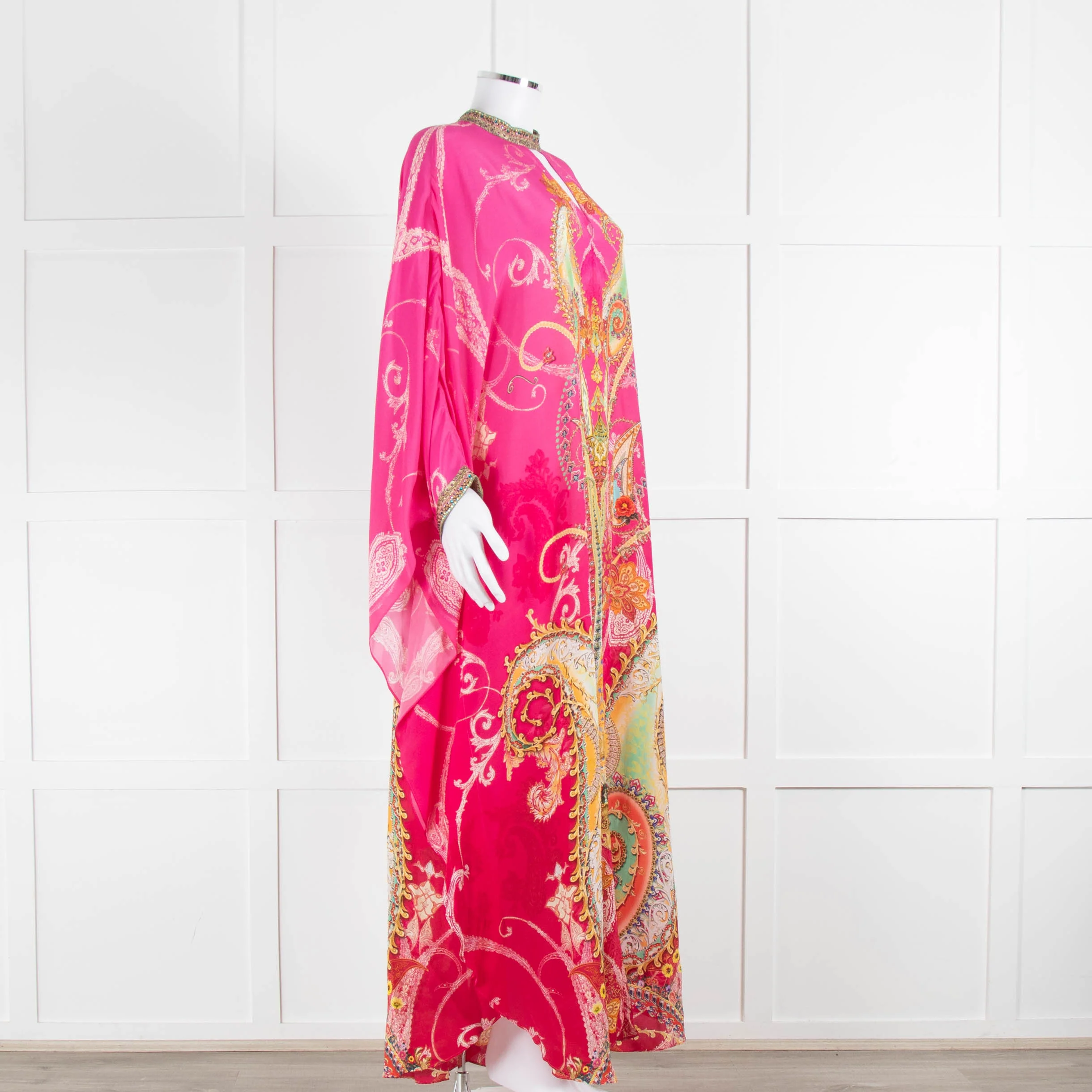 Camilla Pink Orange Green Paisley Print Beaded Silk Kaftan Dress - Image 2