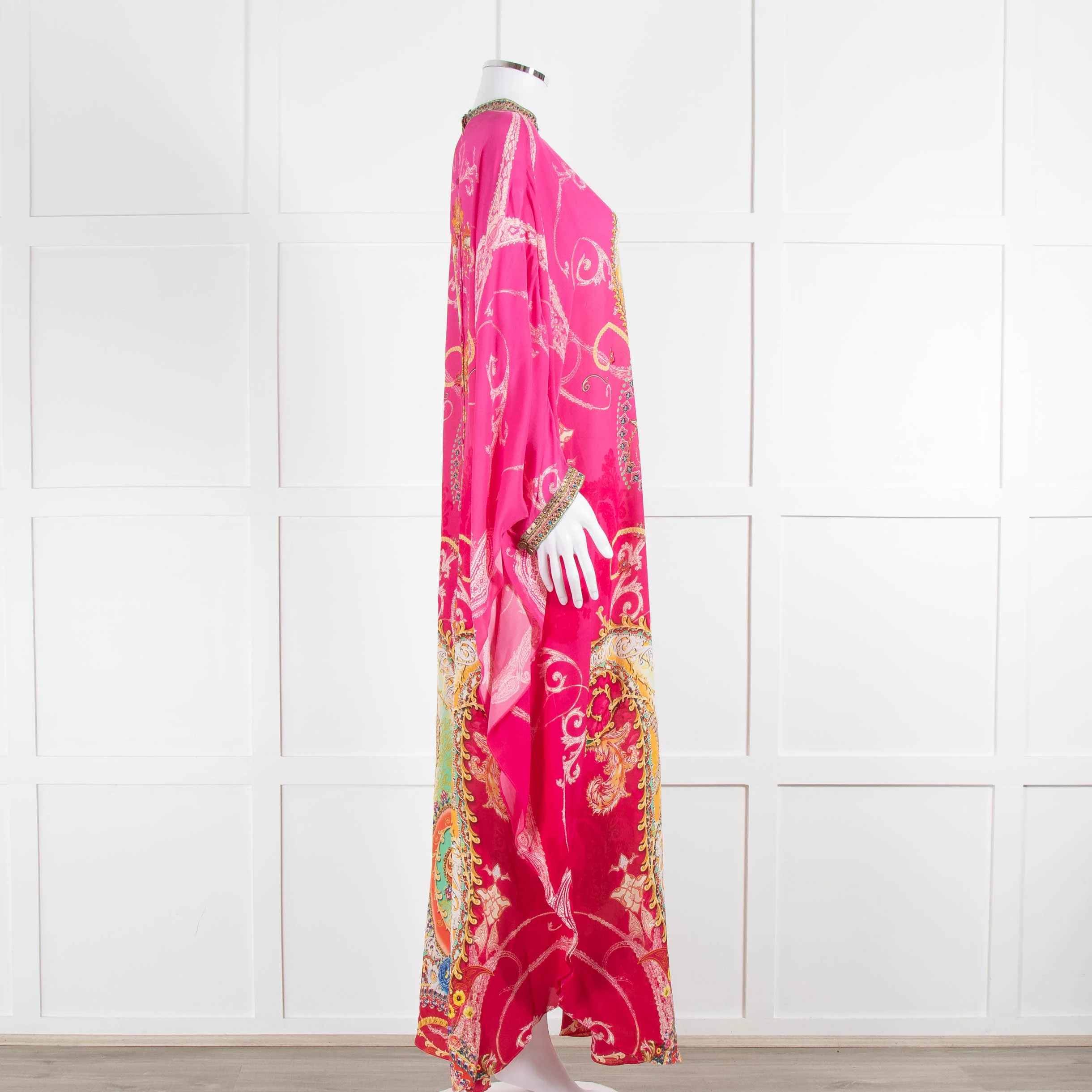 Camilla Pink Orange Green Paisley Print Beaded Silk Kaftan Dress - Image 3