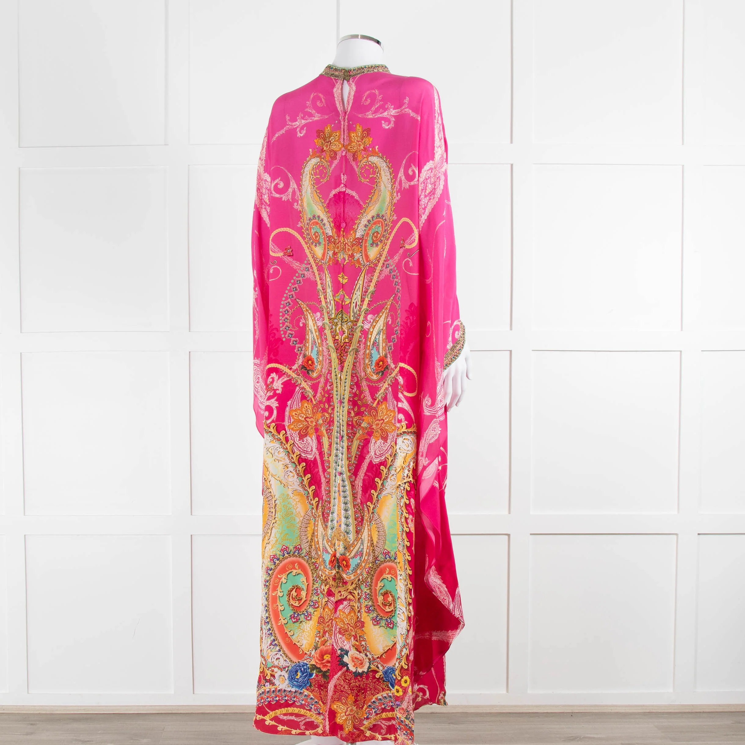 Camilla Pink Orange Green Paisley Print Beaded Silk Kaftan Dress - Image 4