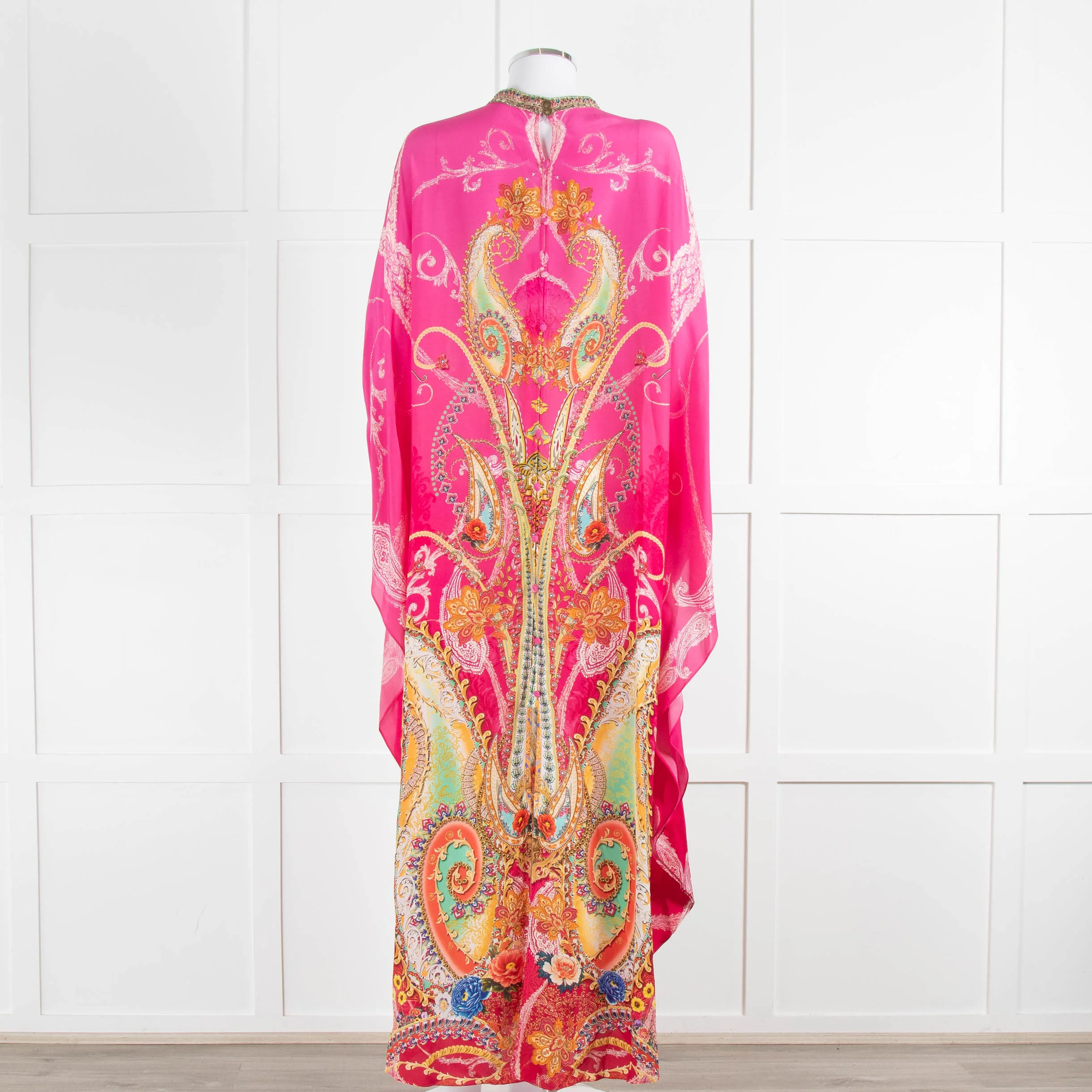 Camilla Pink Orange Green Paisley Print Beaded Silk Kaftan Dress - Image 5
