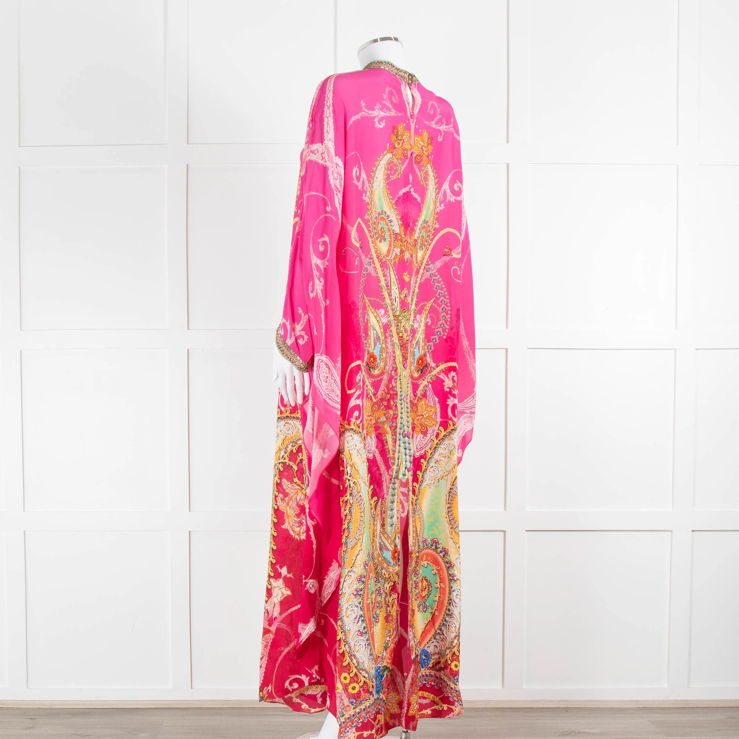 Camilla Pink Orange Green Paisley Print Beaded Silk Kaftan Dress - Image 6