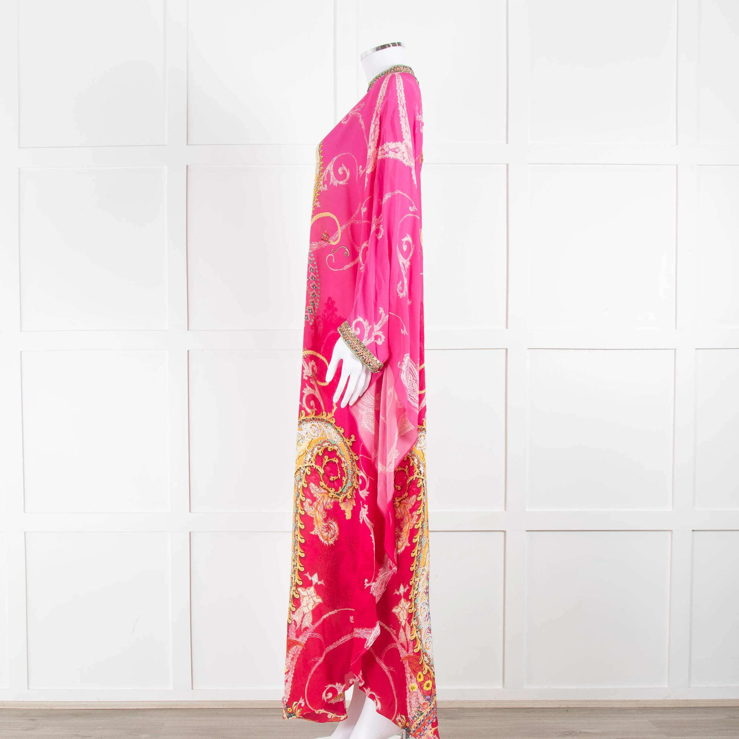 Camilla Pink Orange Green Paisley Print Beaded Silk Kaftan Dress - Image 7